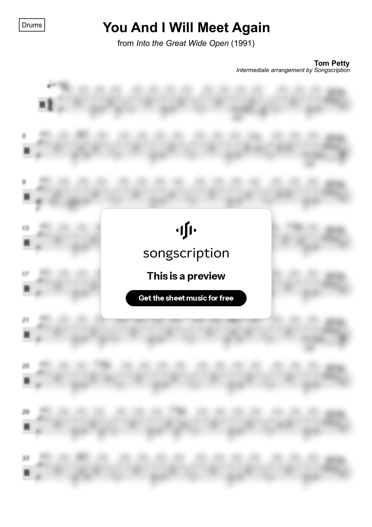 Intermediate Drums Sheet Music for "You And I Will Meet Again" by Tom Petty