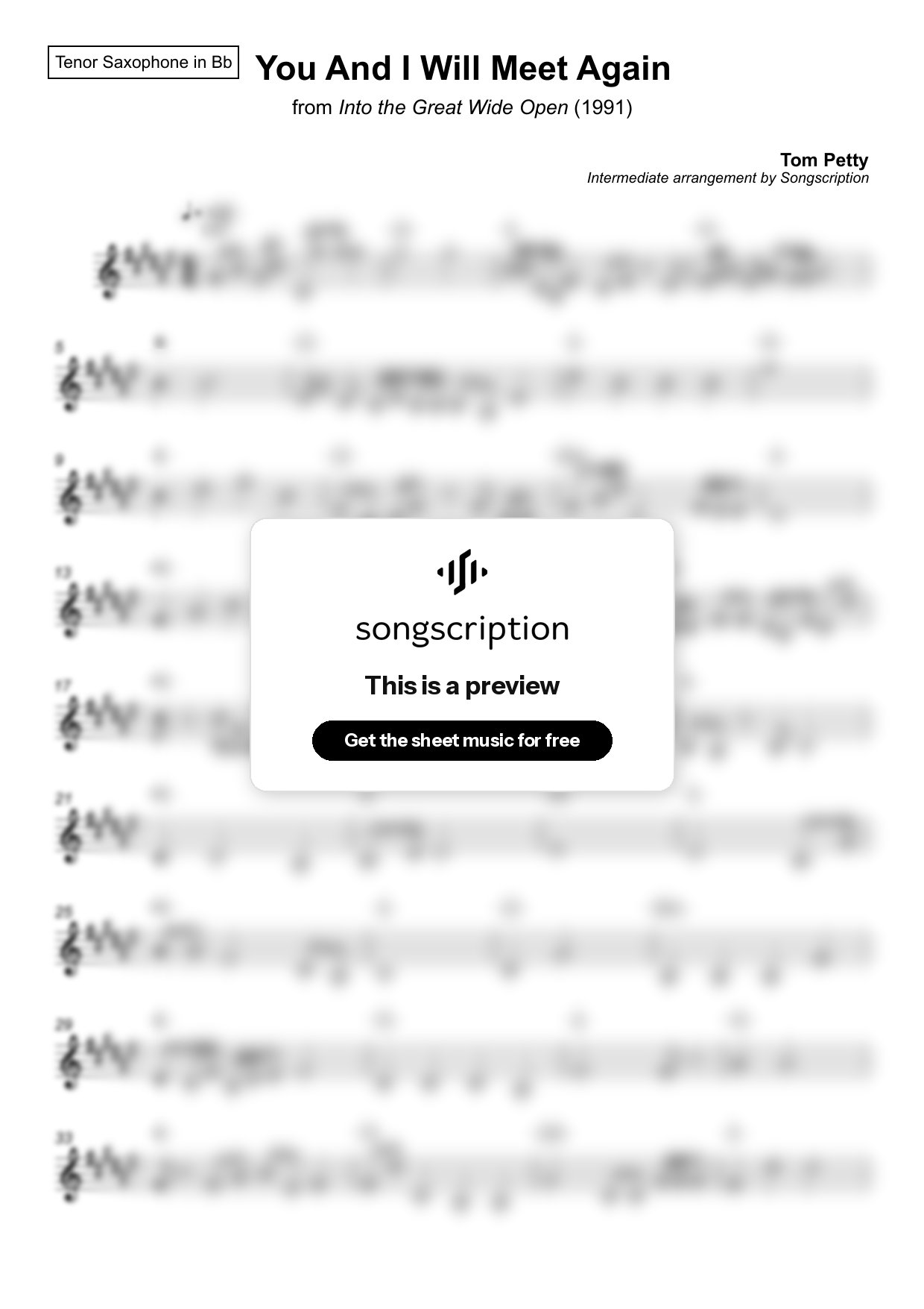 Intermediate Tenor Sax Sheet Music for "You And I Will Meet Again" by Tom Petty