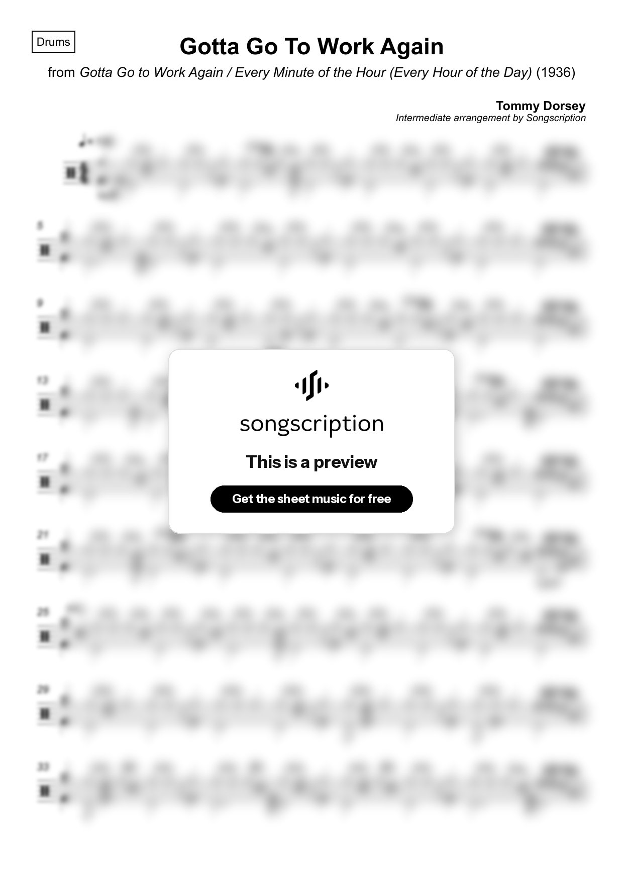 Intermediate Drums Sheet Music for "Gotta Go To Work Again" by Tommy Dorsey