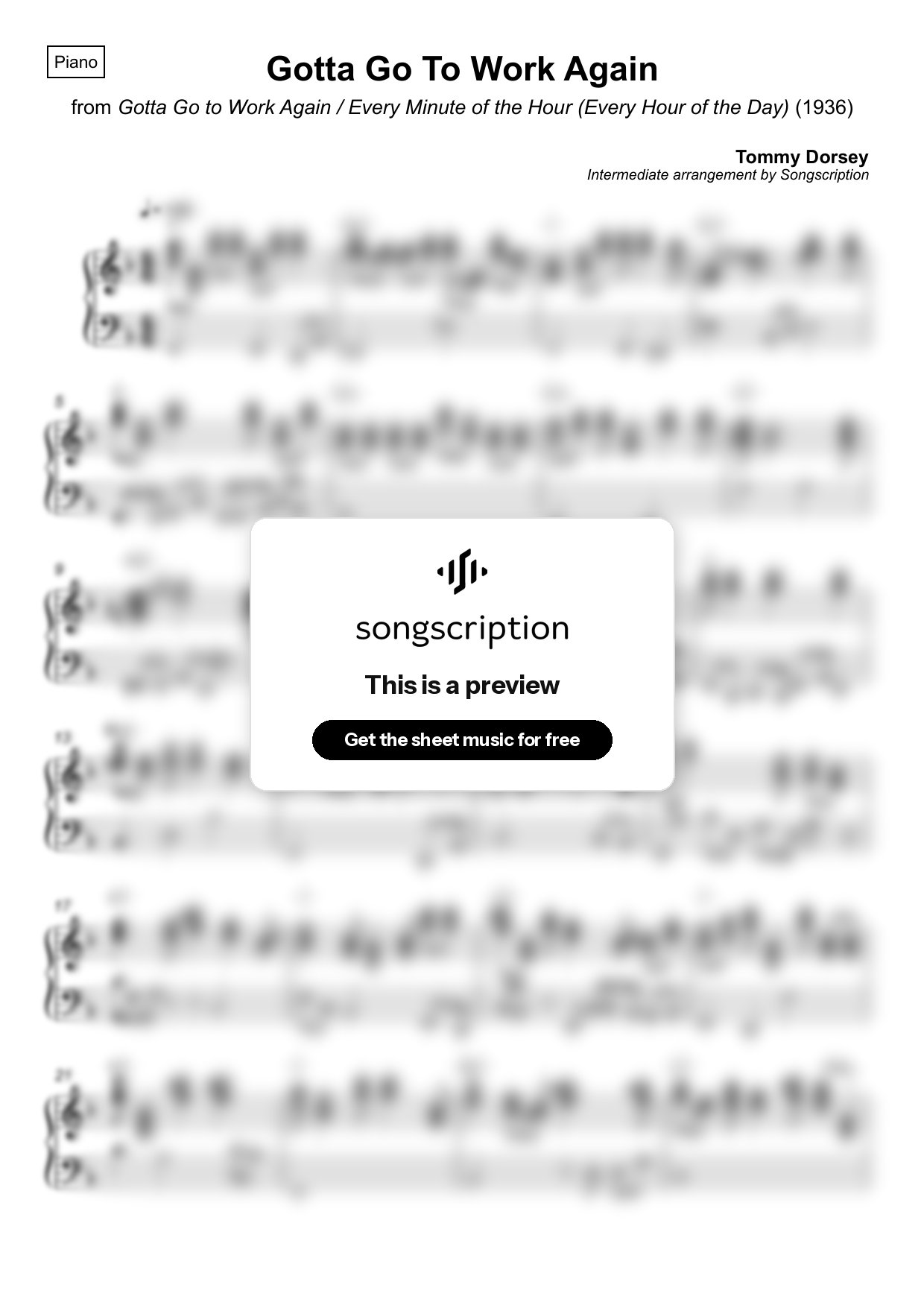 Intermediate Piano Sheet Music for "Gotta Go To Work Again" by Tommy Dorsey