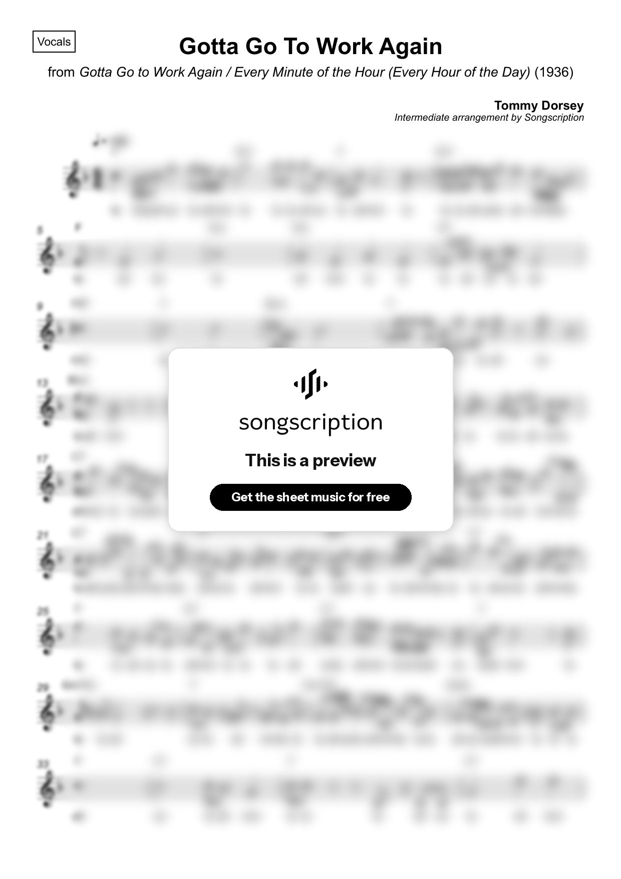 Intermediate Vocals Sheet Music for "Gotta Go To Work Again" by Tommy Dorsey