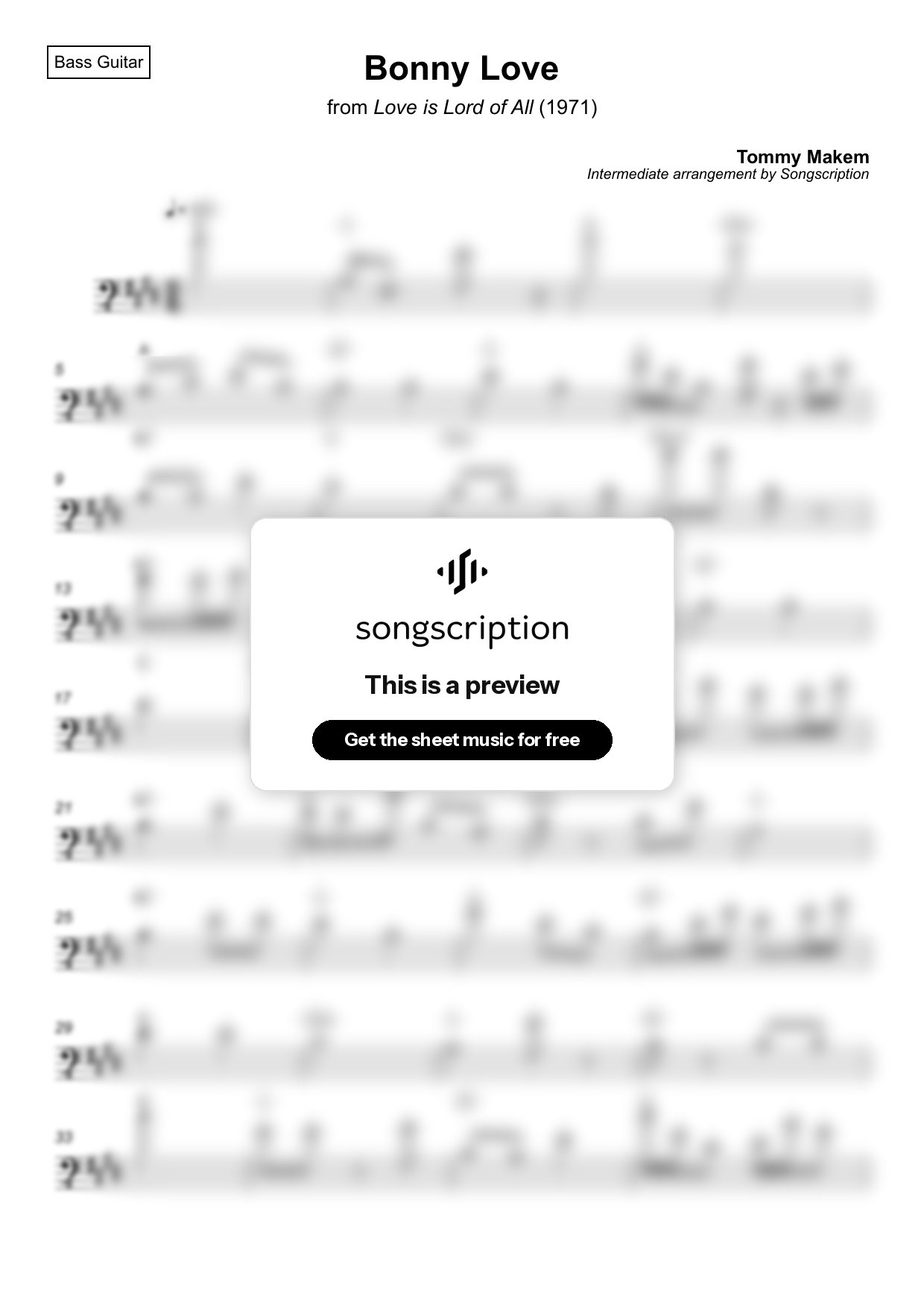 Intermediate Bass Guitar Sheet Music for "Bonny Love" by Tommy Makem