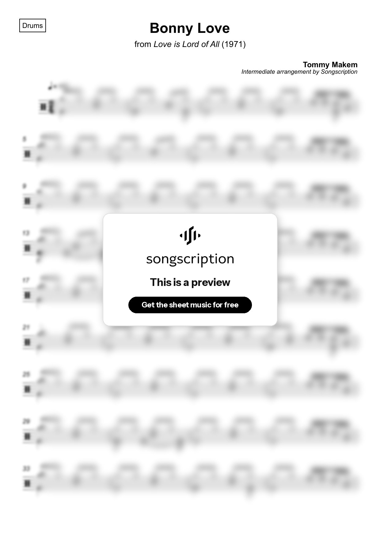 Intermediate Drums Sheet Music for "Bonny Love" by Tommy Makem