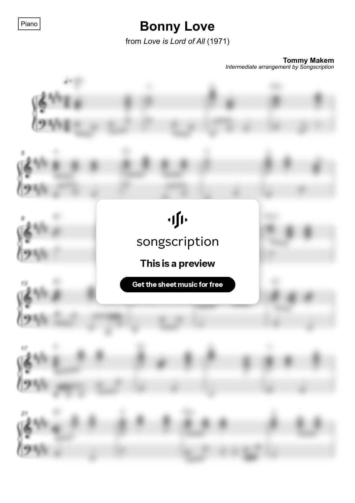 Intermediate Piano Sheet Music for "Bonny Love" by Tommy Makem