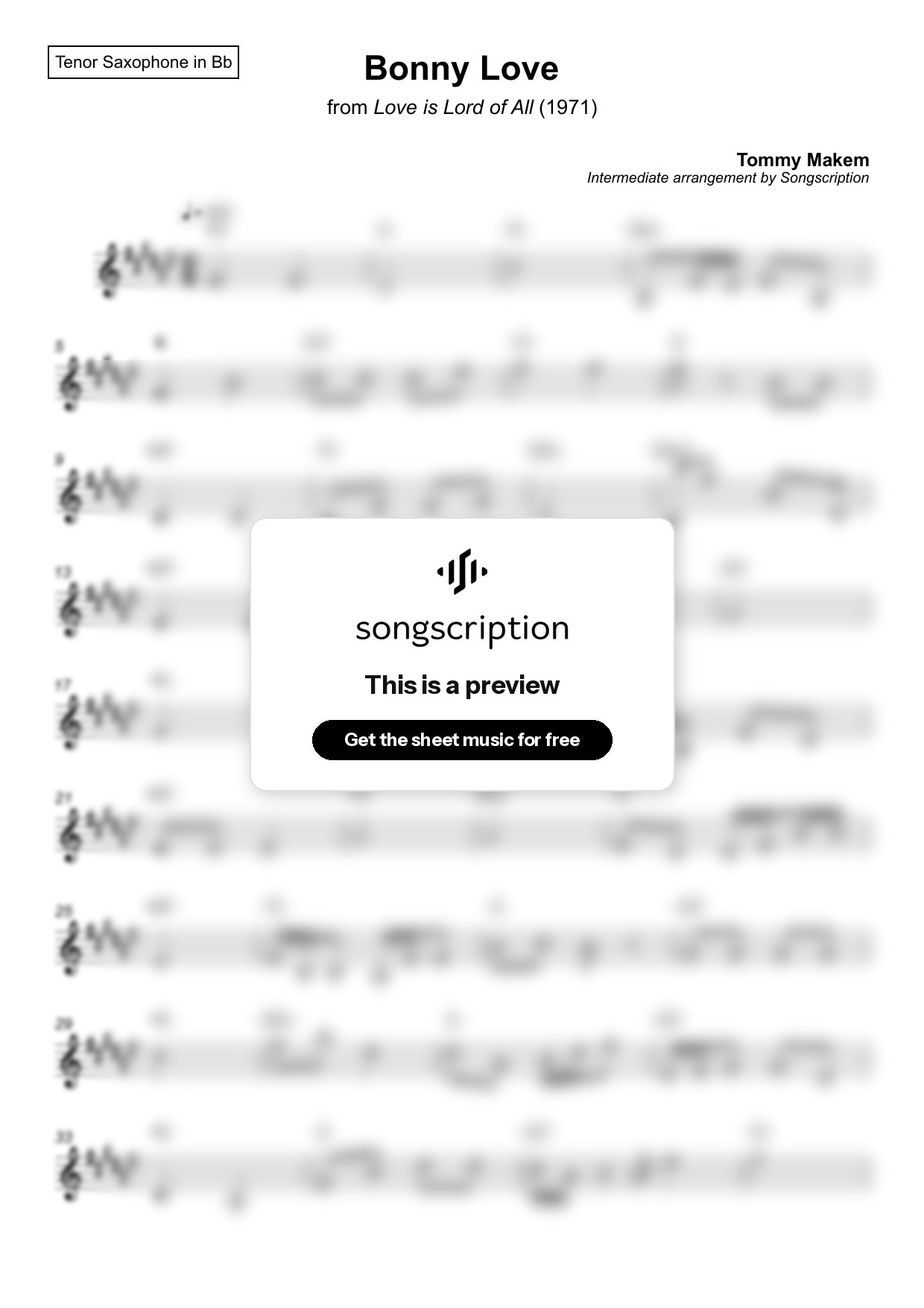 Intermediate Tenor Sax Sheet Music for "Bonny Love" by Tommy Makem