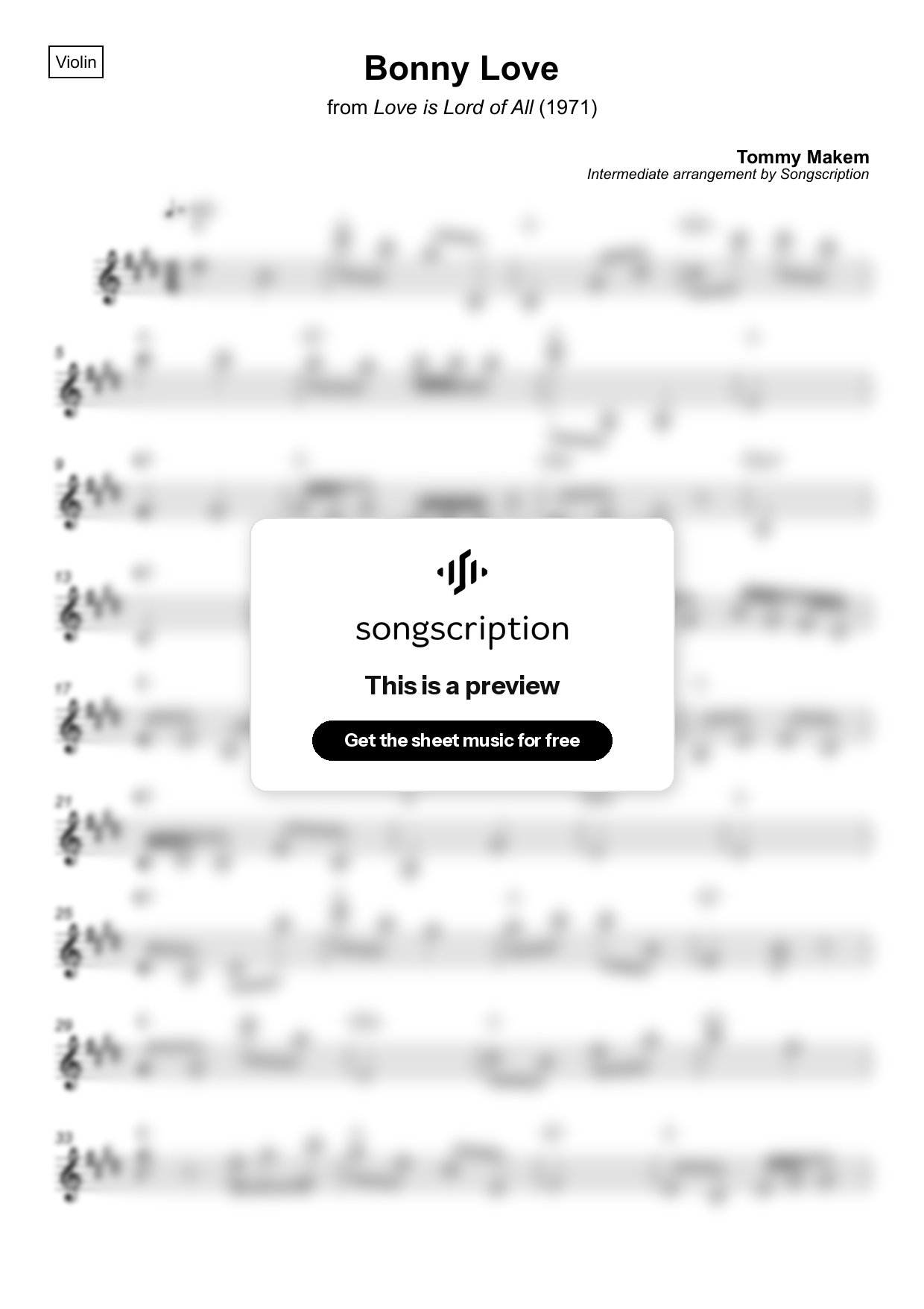 Intermediate Violin Sheet Music for "Bonny Love" by Tommy Makem