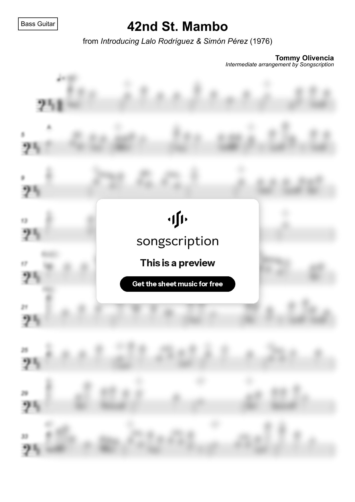 Intermediate Bass Guitar Sheet Music for "42nd St. Mambo" by Tommy Olivencia