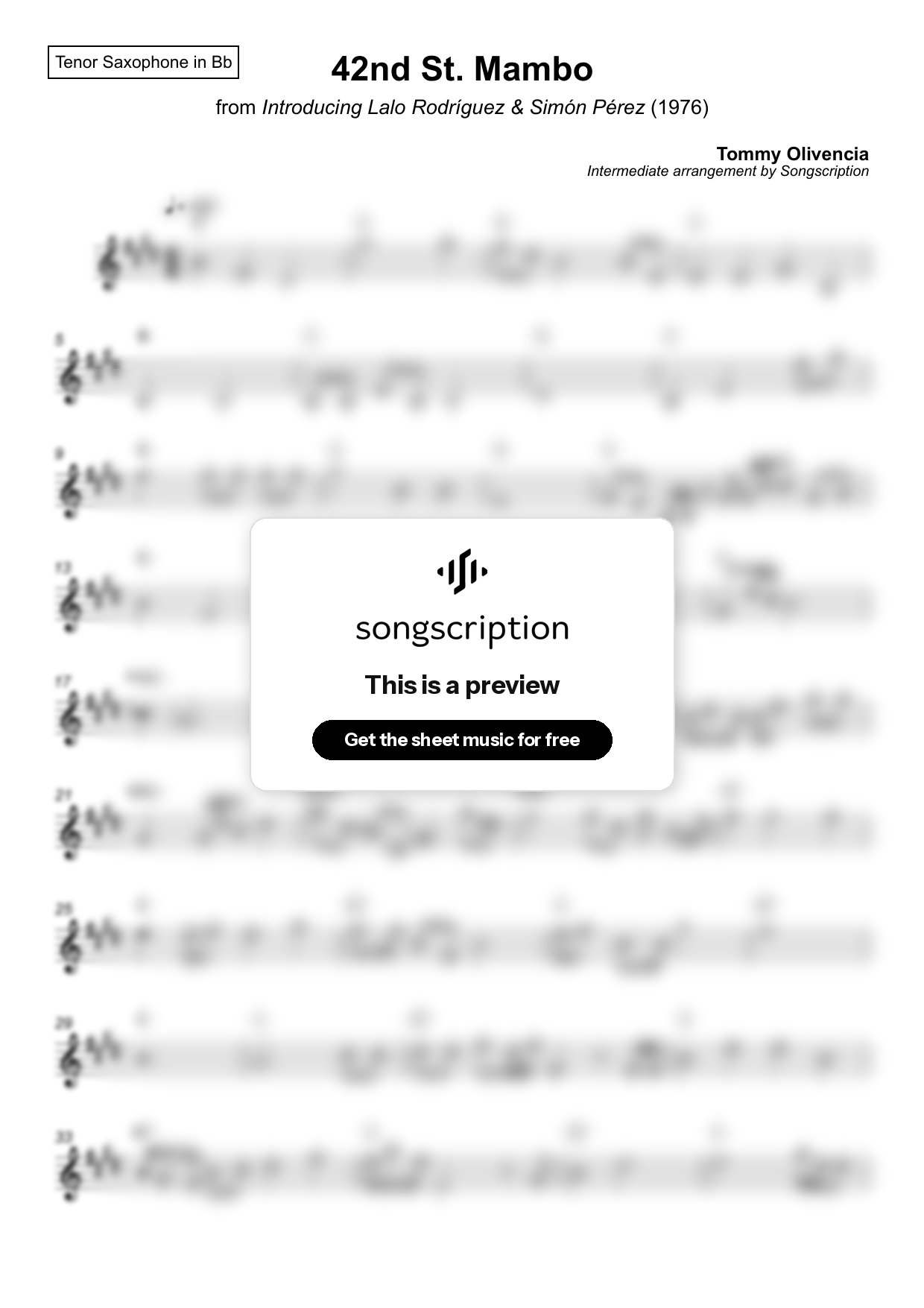 Intermediate Tenor Sax Sheet Music for "42nd St. Mambo" by Tommy Olivencia