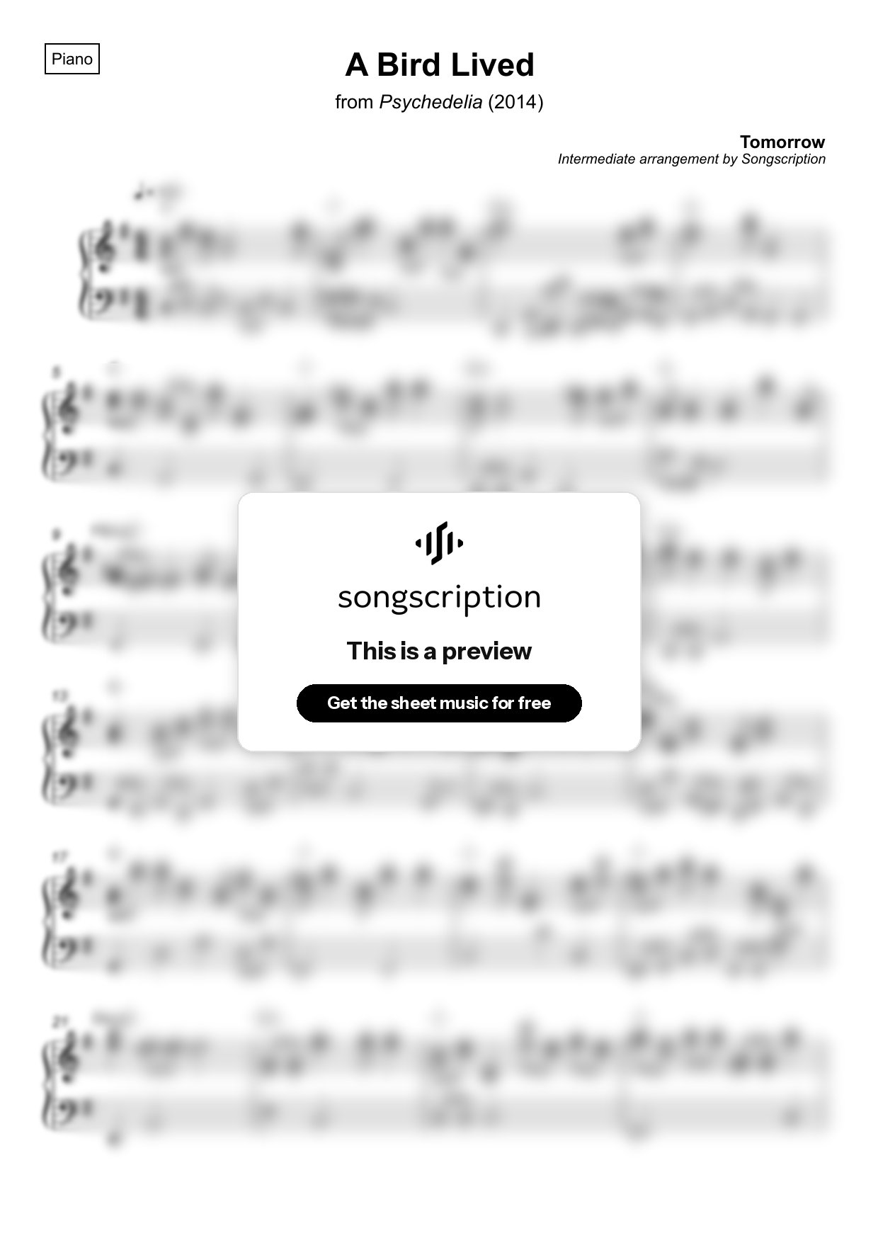 Intermediate Piano Sheet Music for "A Bird Lived" by Tomorrow