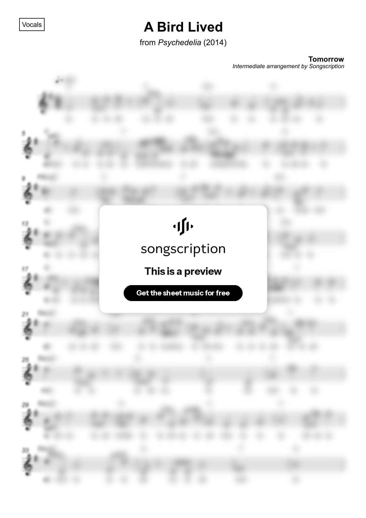 Intermediate Vocals Sheet Music for "A Bird Lived" by Tomorrow