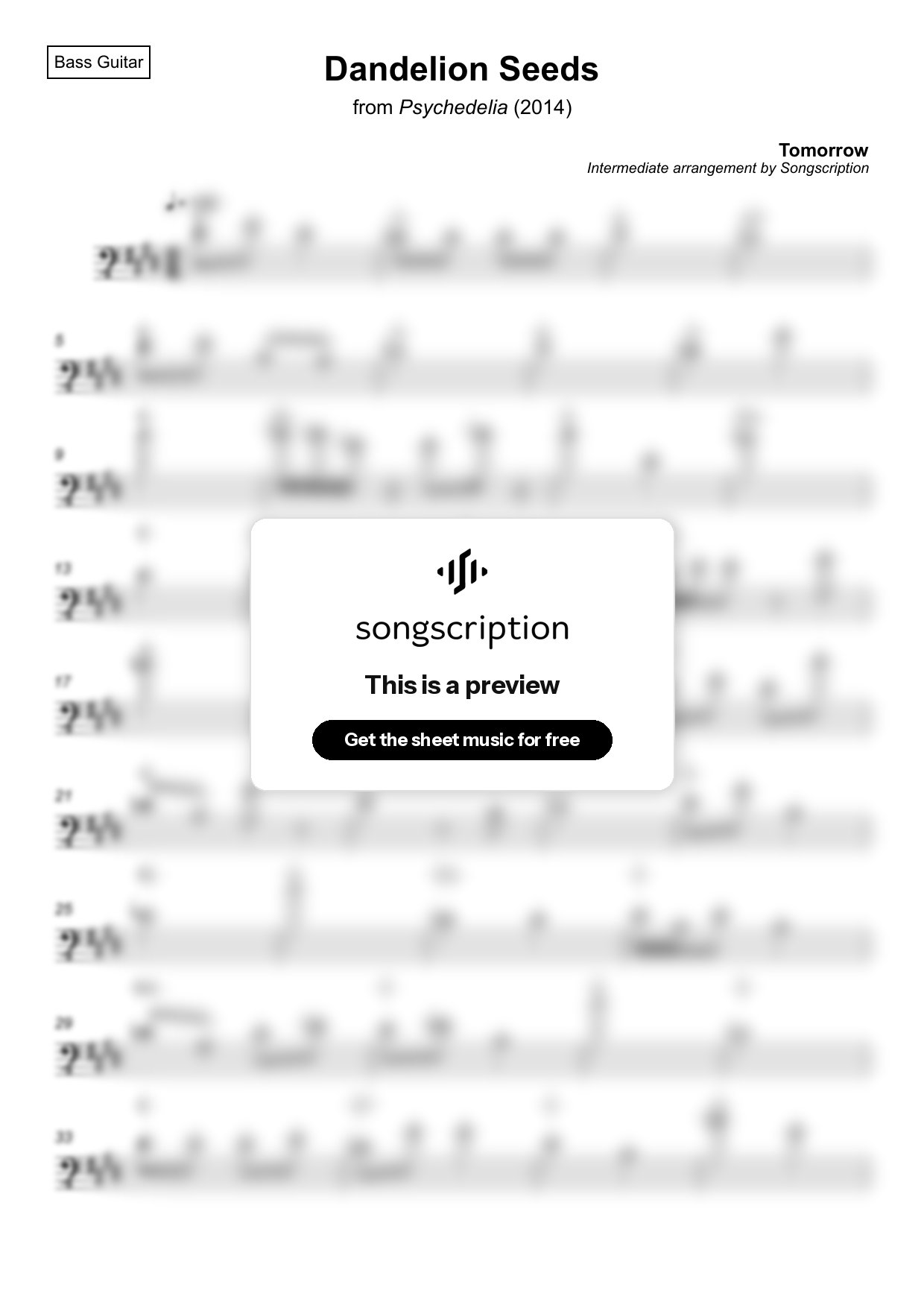 Intermediate Bass Guitar Sheet Music for "Dandelion Seeds" by Tomorrow