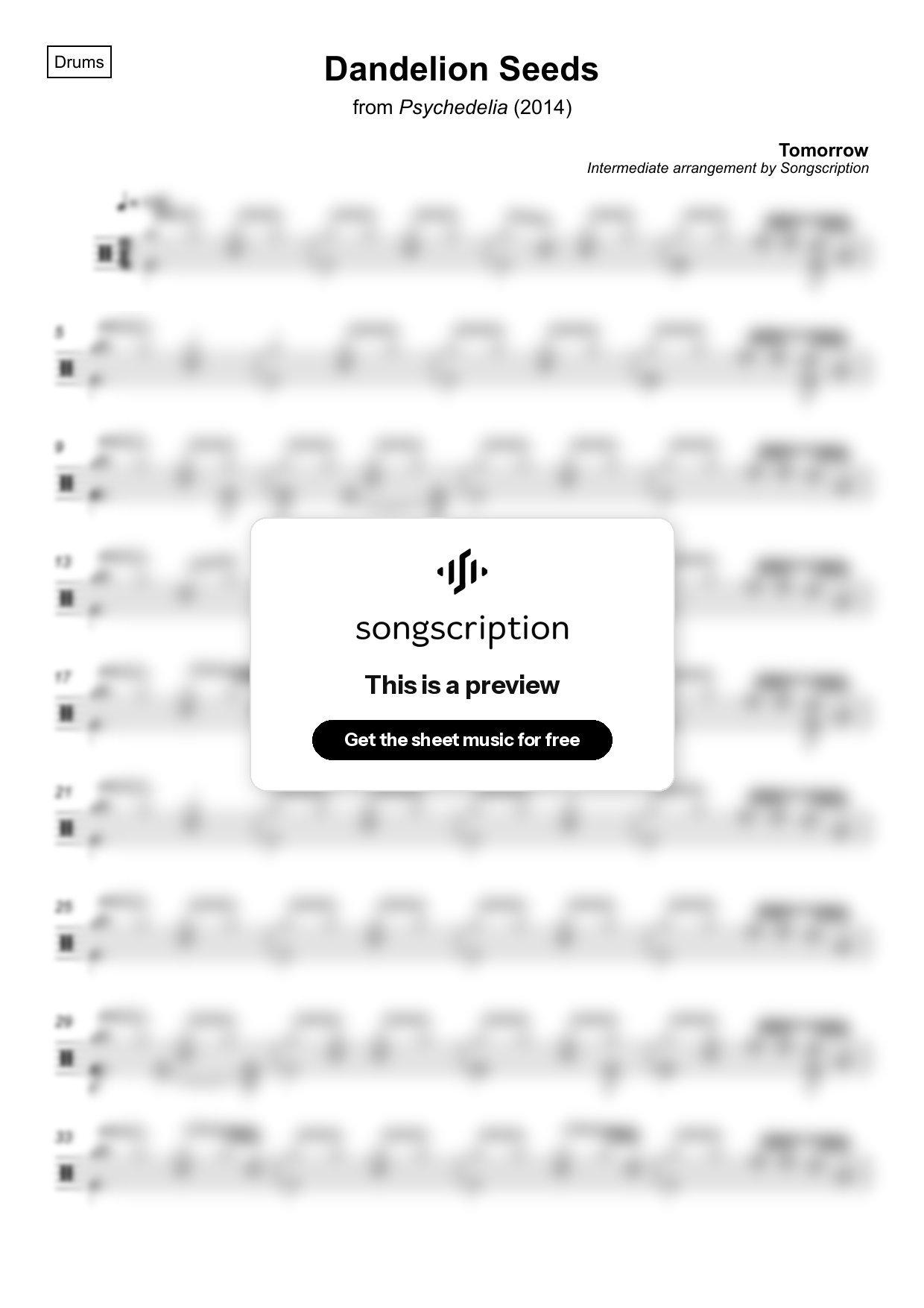 Intermediate Drums Sheet Music for "Dandelion Seeds" by Tomorrow