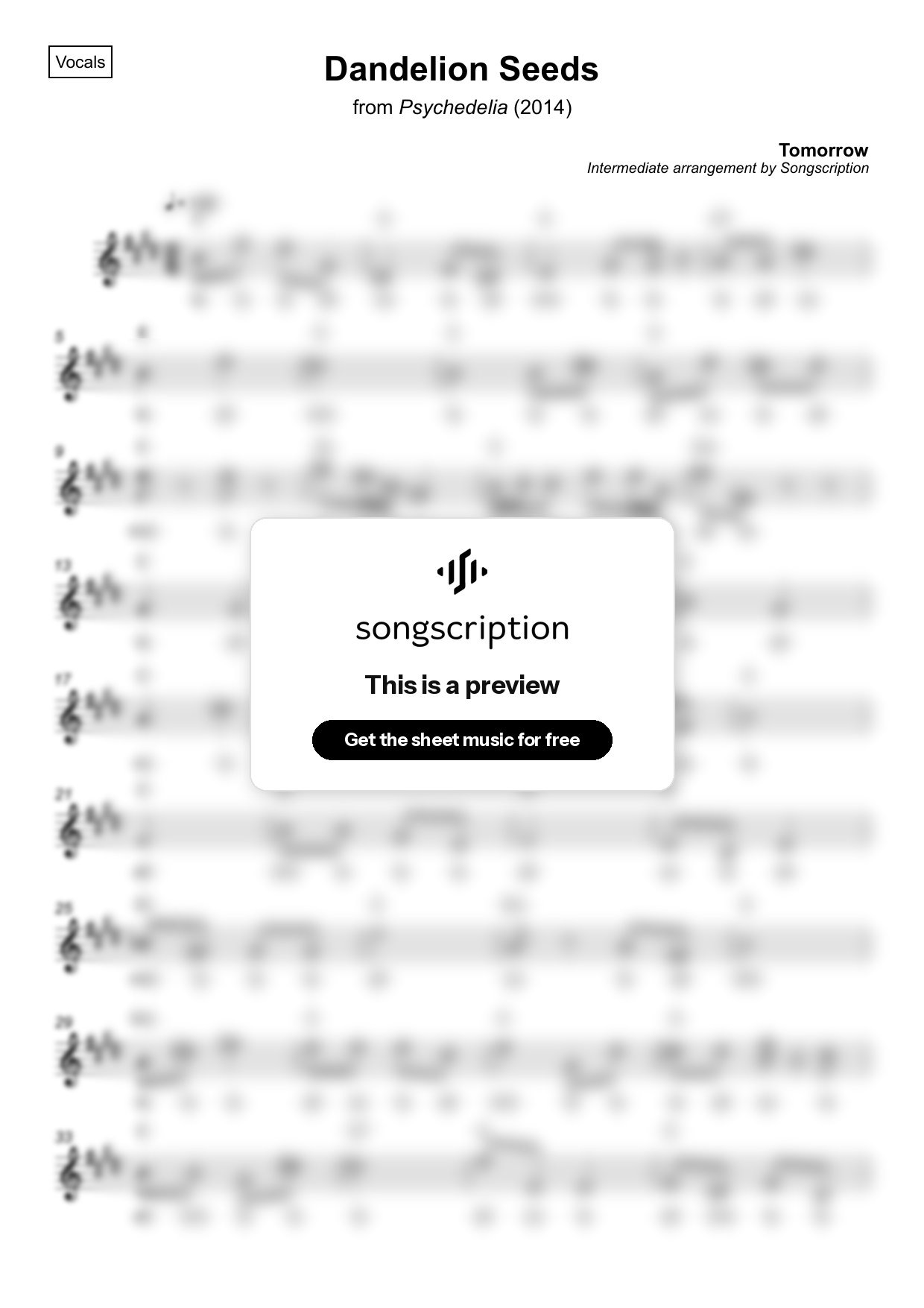Intermediate Vocals Sheet Music for "Dandelion Seeds" by Tomorrow