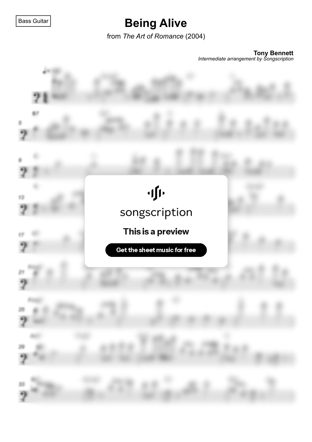 Intermediate Bass Guitar Sheet Music for "Being Alive" by Tony Bennett
