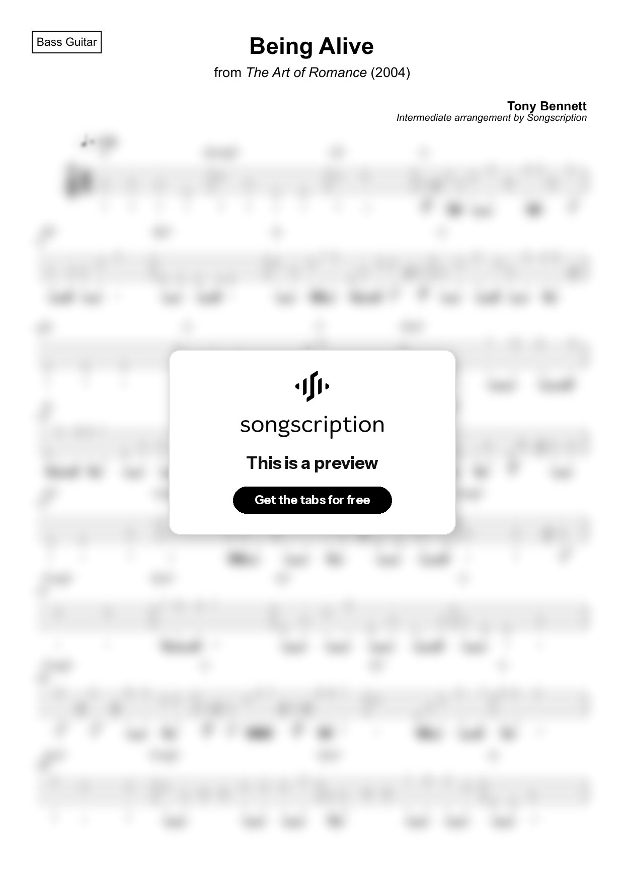 Intermediate Bass Guitar Tabs for "Being Alive" by Tony Bennett