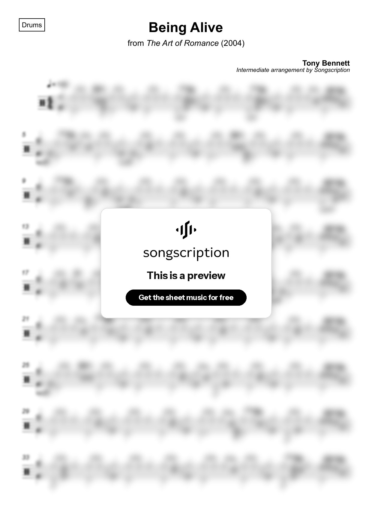 Intermediate Drums Sheet Music for "Being Alive" by Tony Bennett