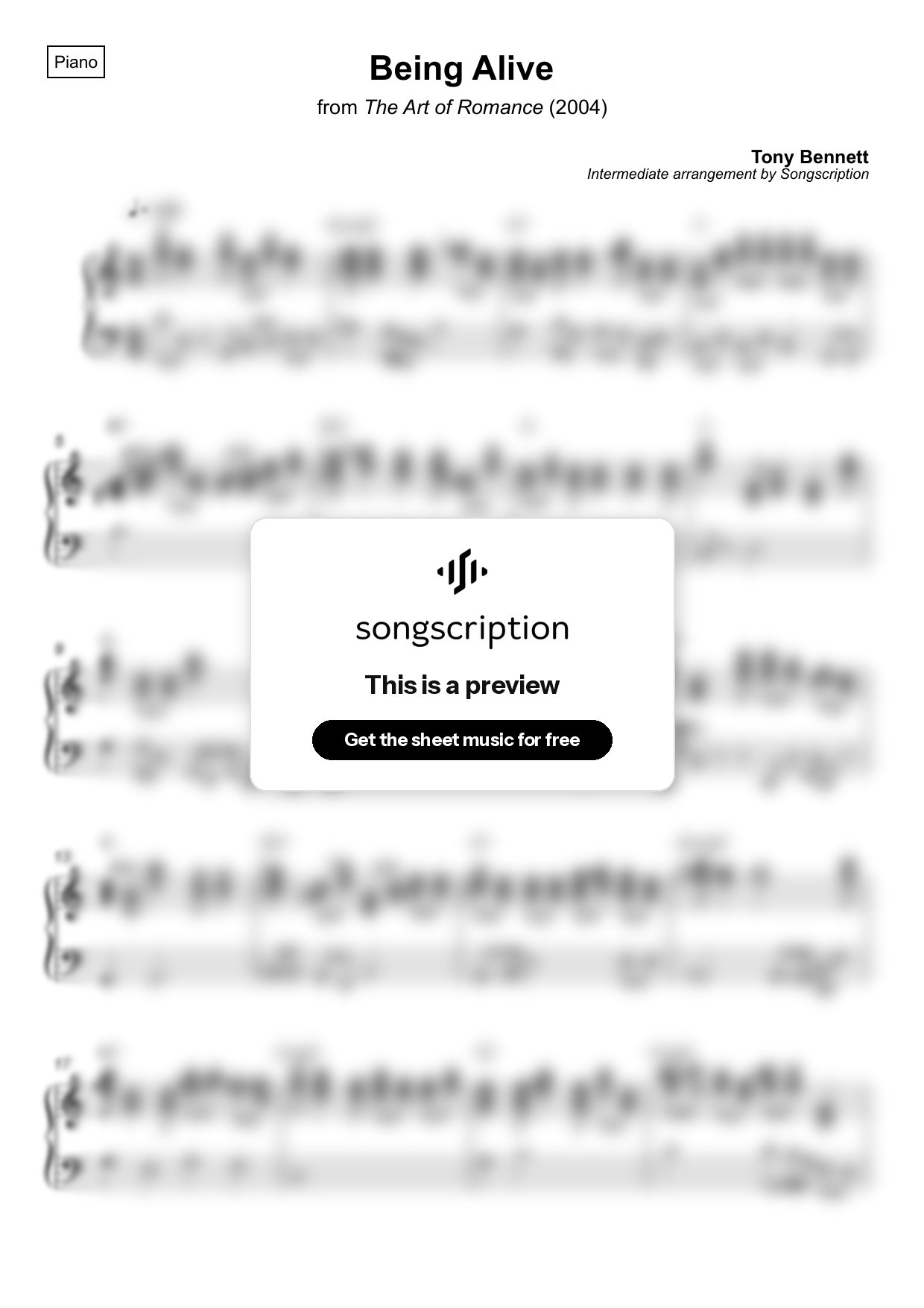Intermediate Piano Sheet Music for "Being Alive" by Tony Bennett