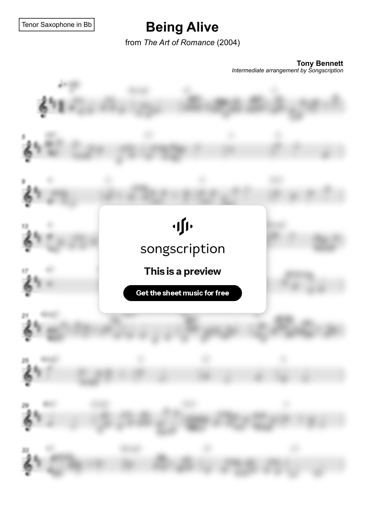 Intermediate Tenor Sax Sheet Music for "Being Alive" by Tony Bennett