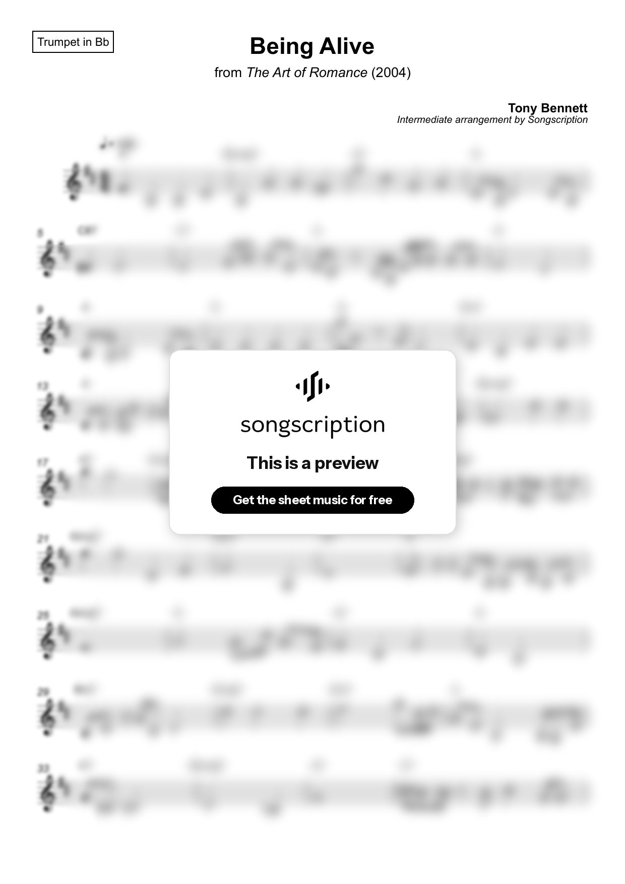 Intermediate Trumpet Sheet Music for "Being Alive" by Tony Bennett