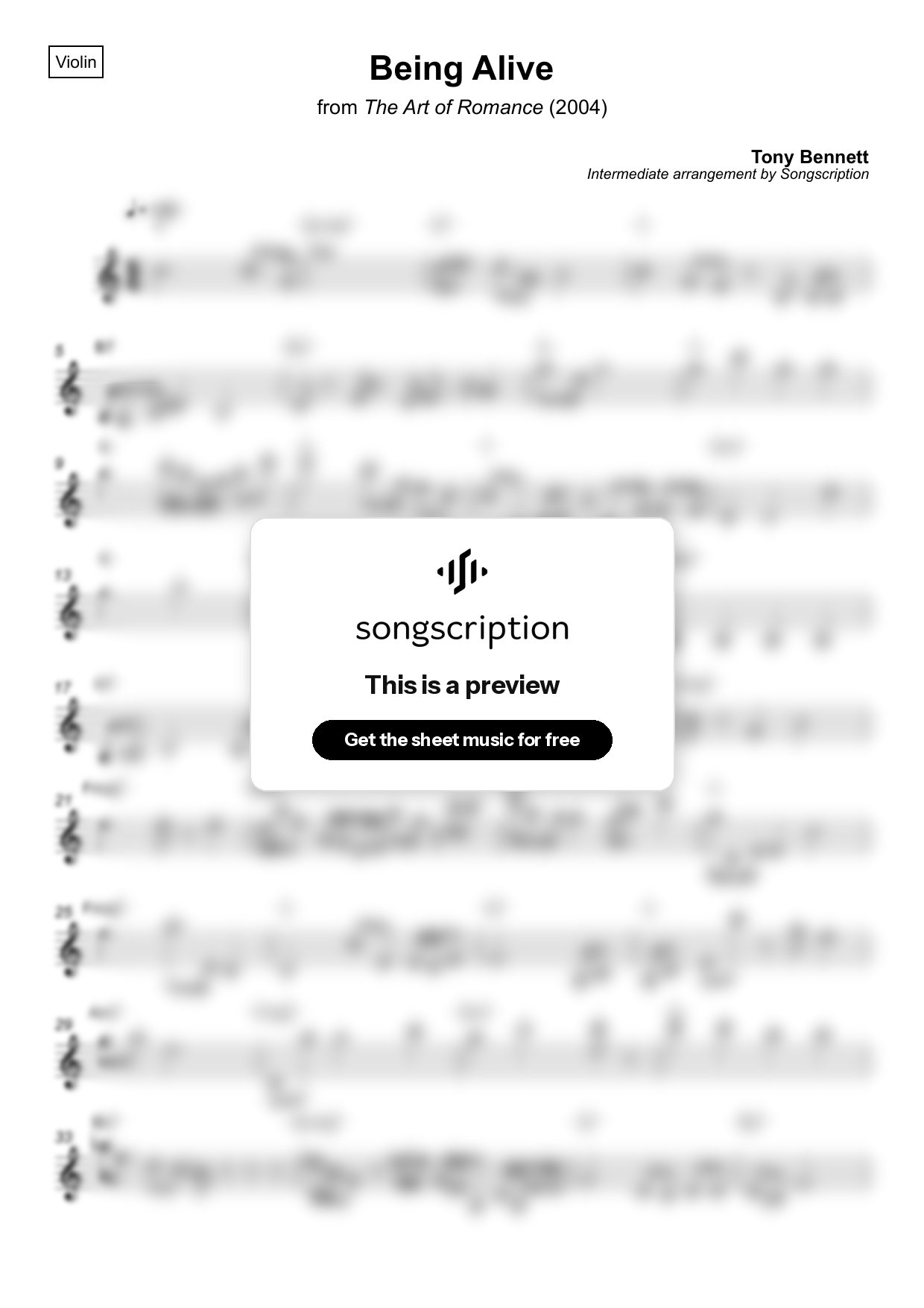 Intermediate Violin Sheet Music for "Being Alive" by Tony Bennett