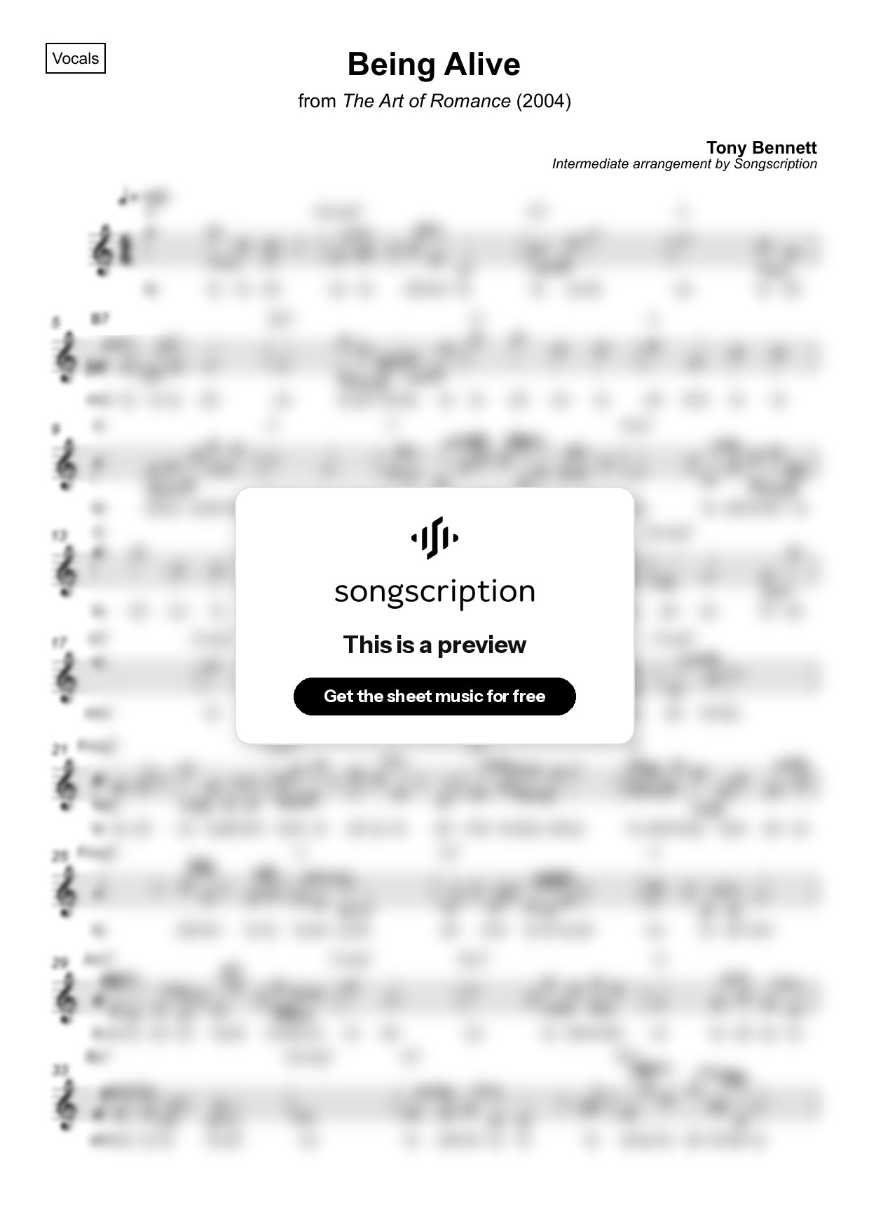 Intermediate Vocals Sheet Music for "Being Alive" by Tony Bennett