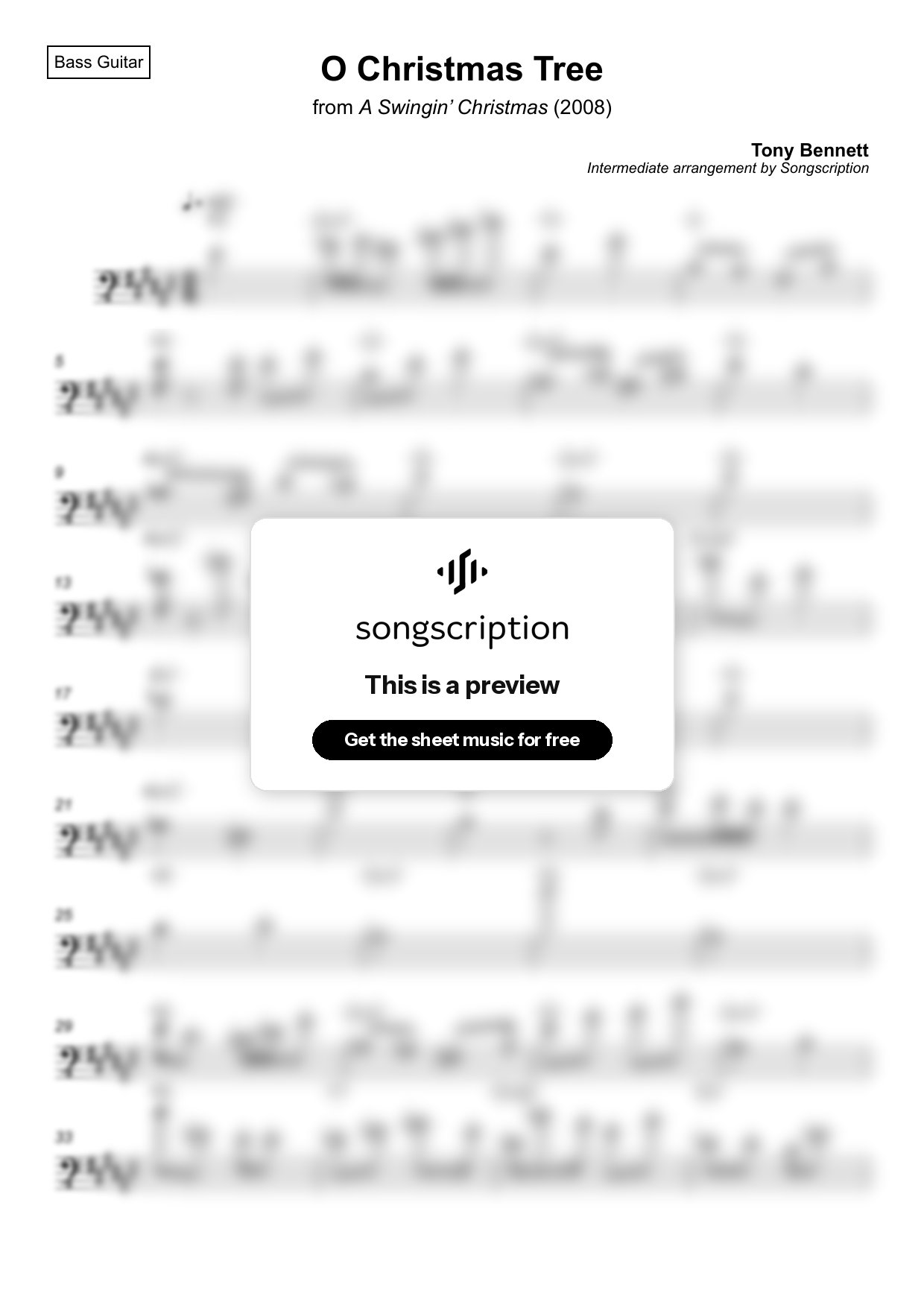Intermediate Bass Guitar Sheet Music for "O Christmas Tree" by Tony Bennett
