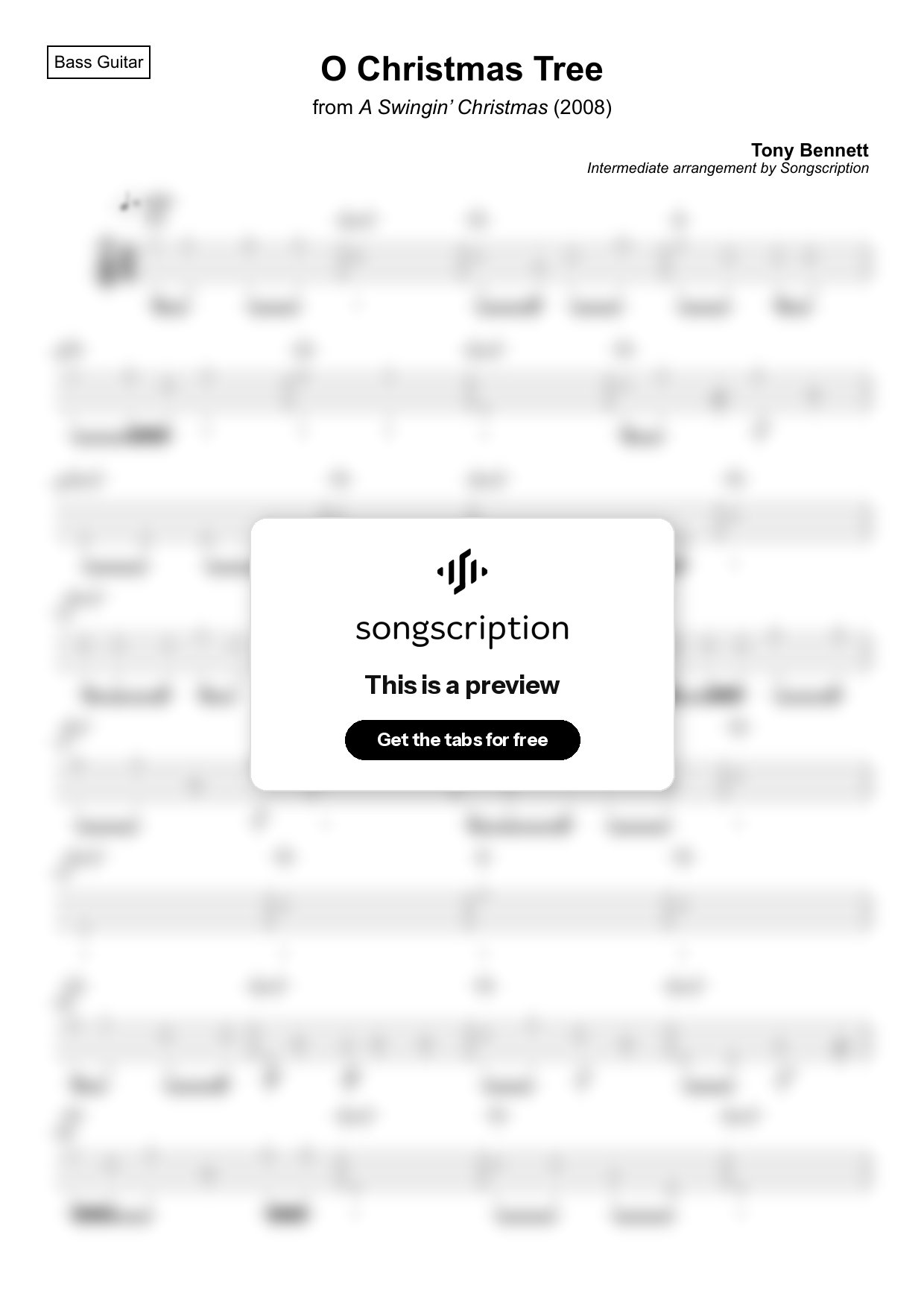 Intermediate Bass Guitar Tabs for "O Christmas Tree" by Tony Bennett