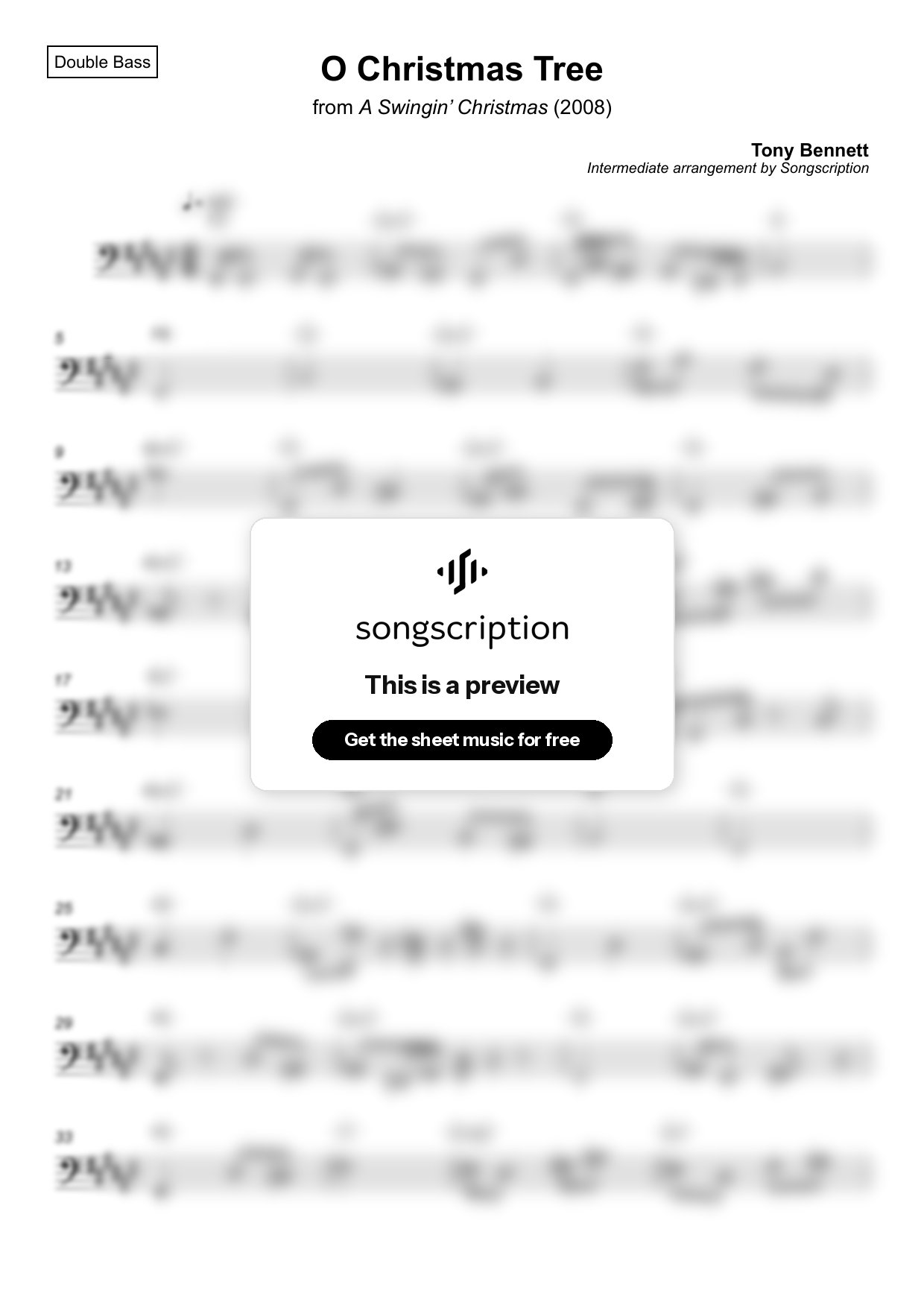 Intermediate Double Bass Sheet Music for "O Christmas Tree" by Tony Bennett