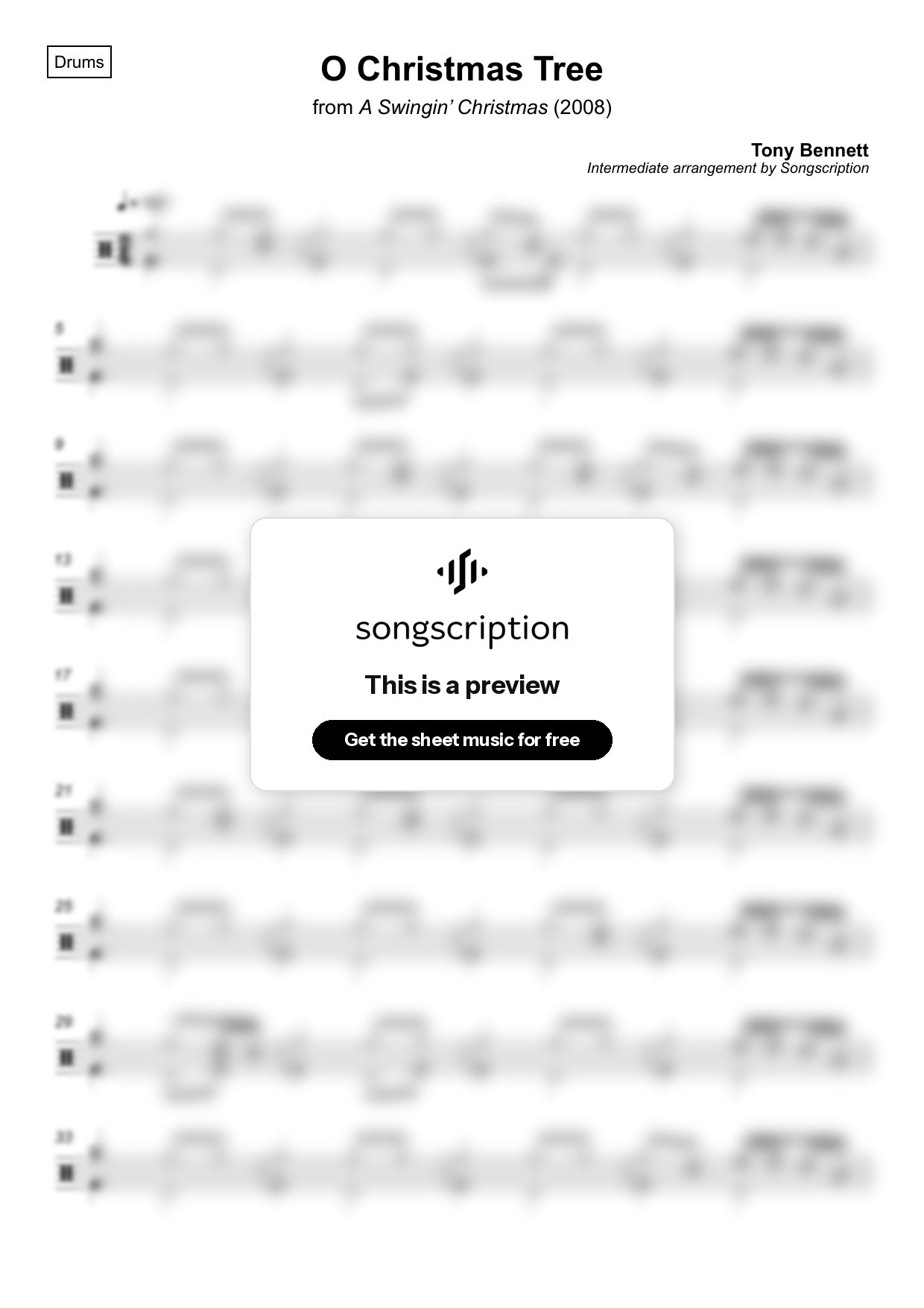 Intermediate Drums Sheet Music for "O Christmas Tree" by Tony Bennett