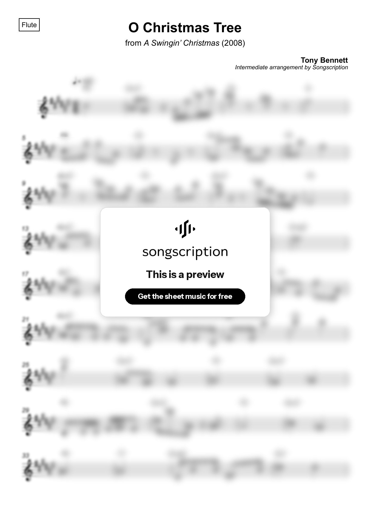 Intermediate Flute Sheet Music for "O Christmas Tree" by Tony Bennett