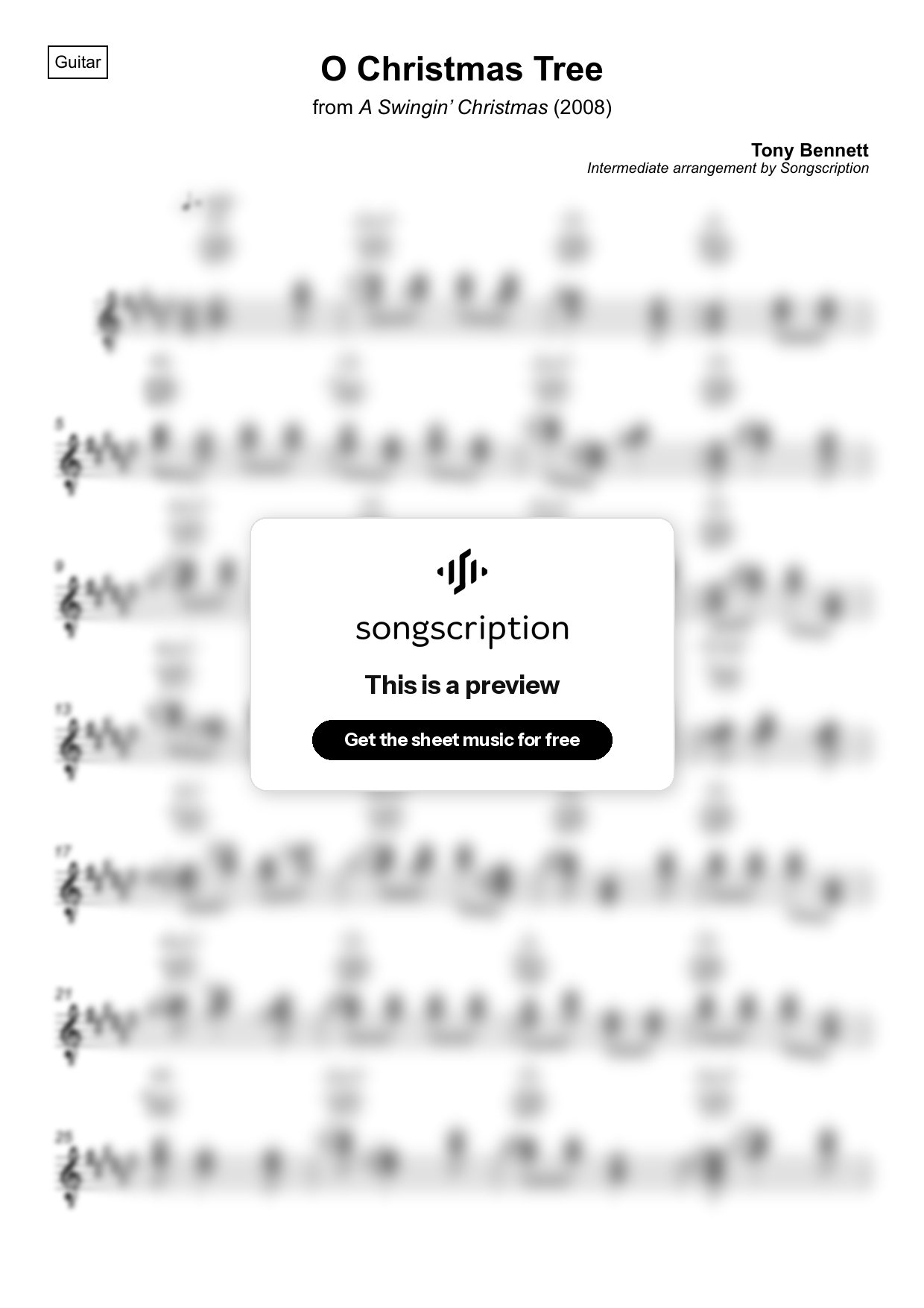 Intermediate Acoustic Guitar Sheet Music for "O Christmas Tree" by Tony Bennett