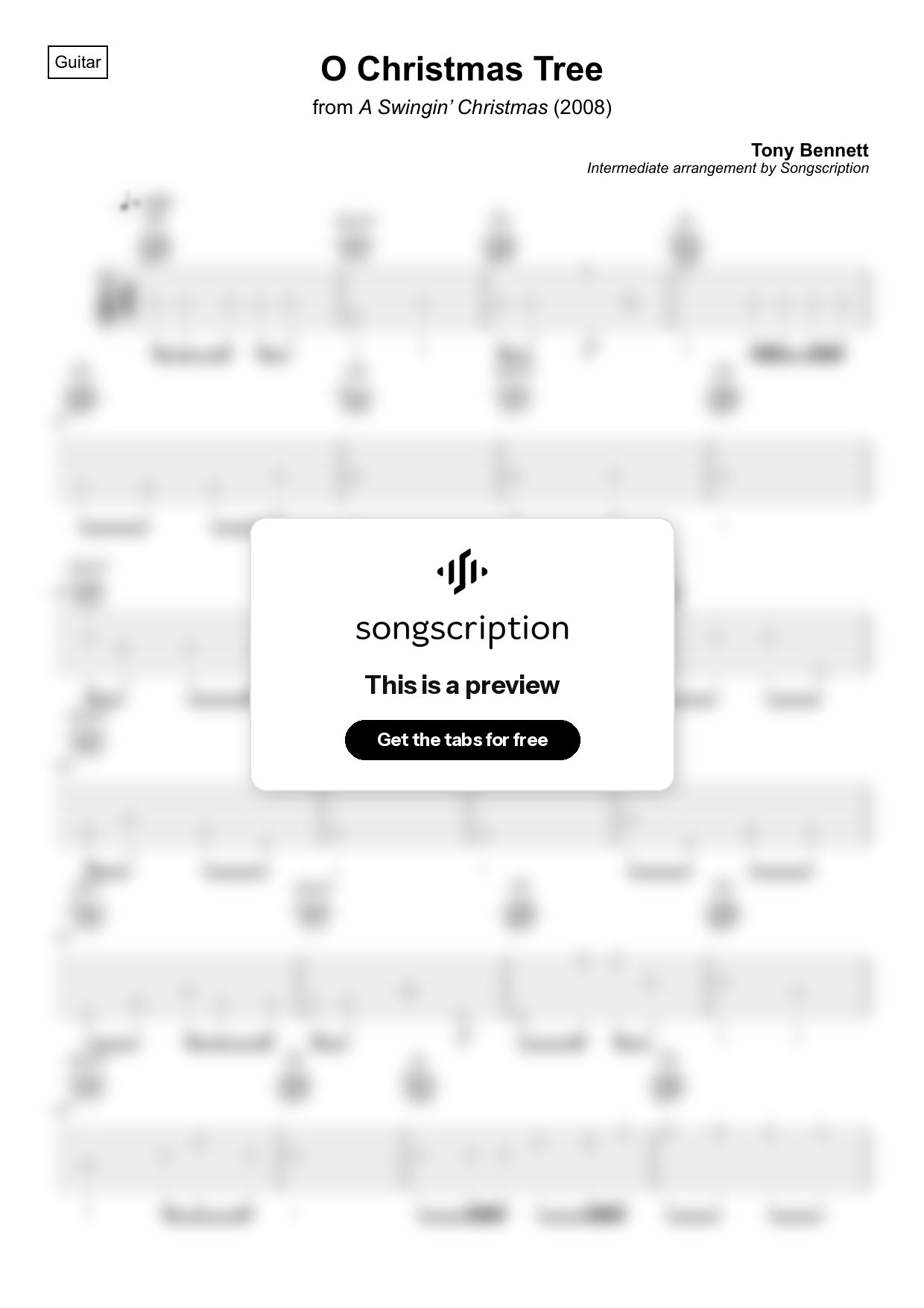 Intermediate Acoustic Guitar Tabs for "O Christmas Tree" by Tony Bennett