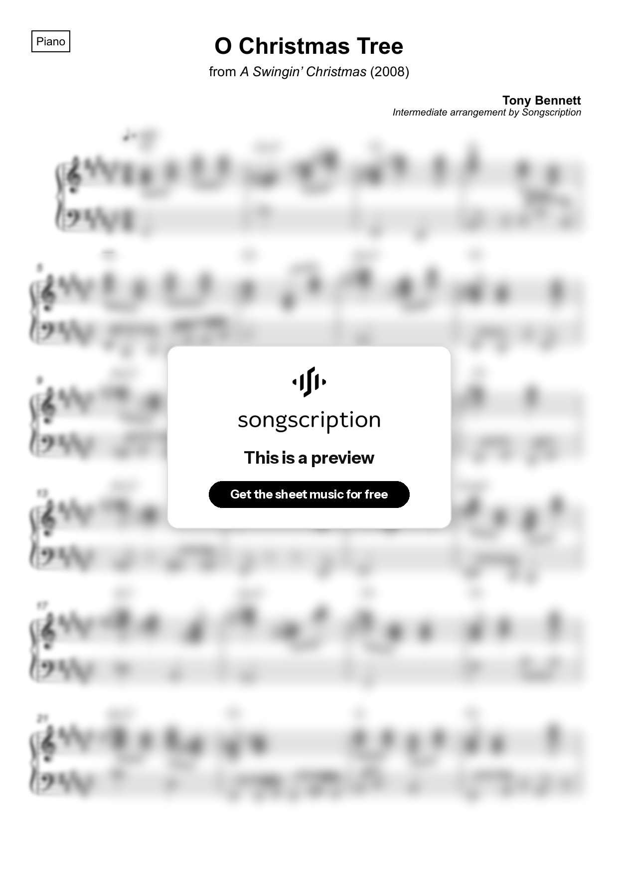 Intermediate Piano Sheet Music for "O Christmas Tree" by Tony Bennett