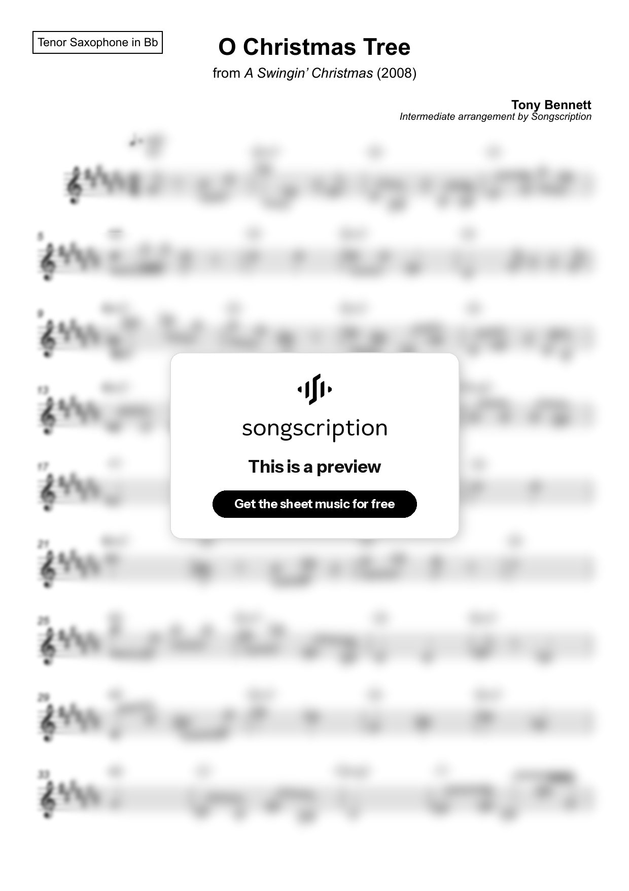 Intermediate Tenor Sax Sheet Music for "O Christmas Tree" by Tony Bennett