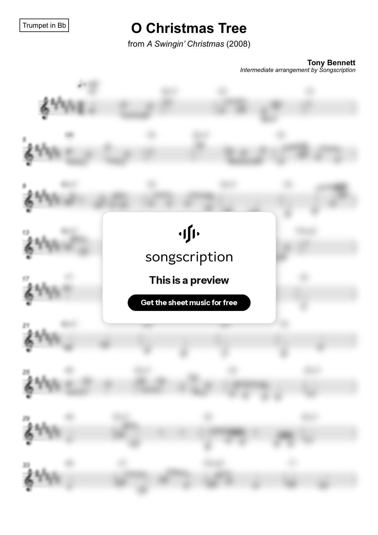 Intermediate Trumpet Sheet Music for "O Christmas Tree" by Tony Bennett