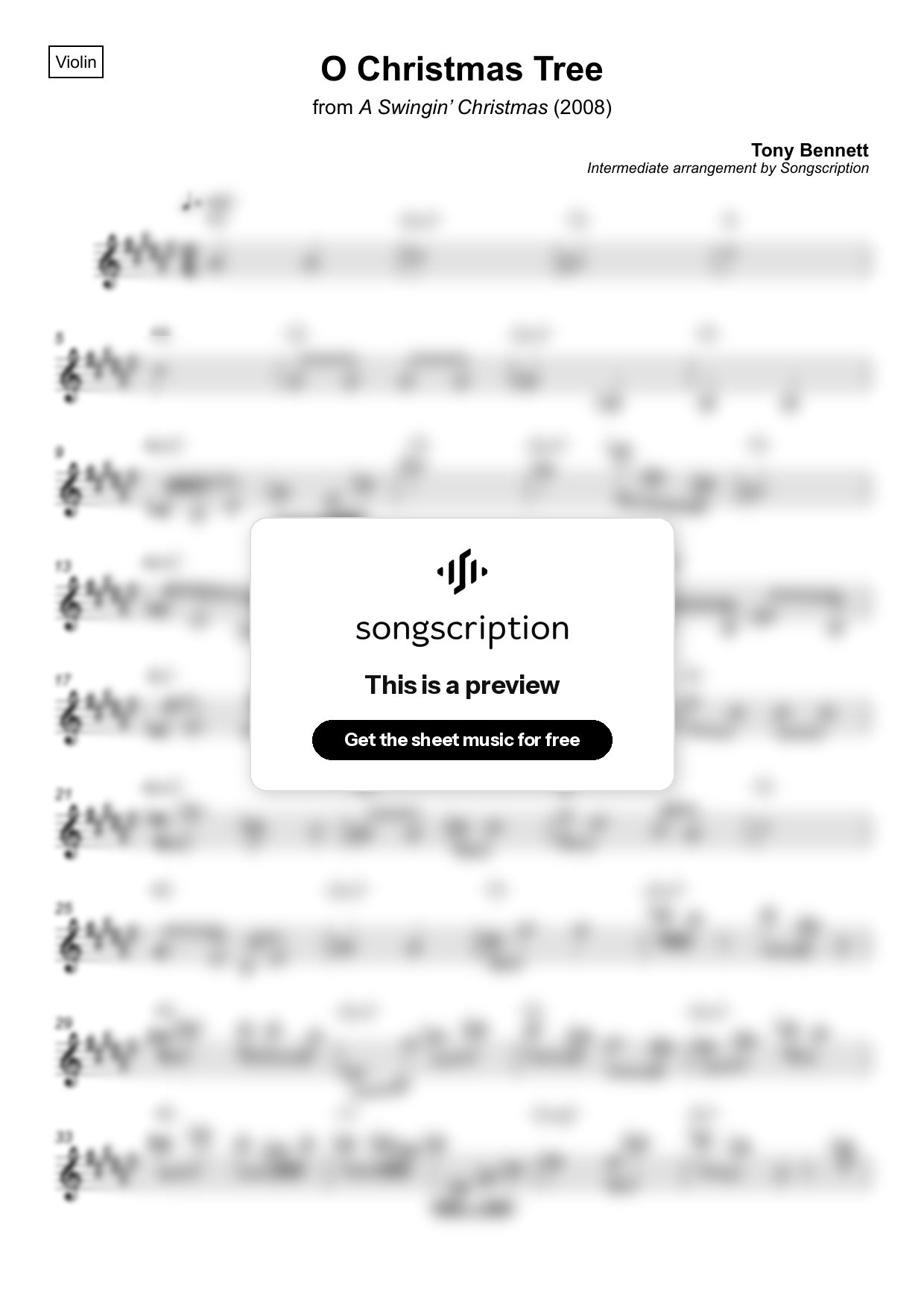 Intermediate Violin Sheet Music for "O Christmas Tree" by Tony Bennett