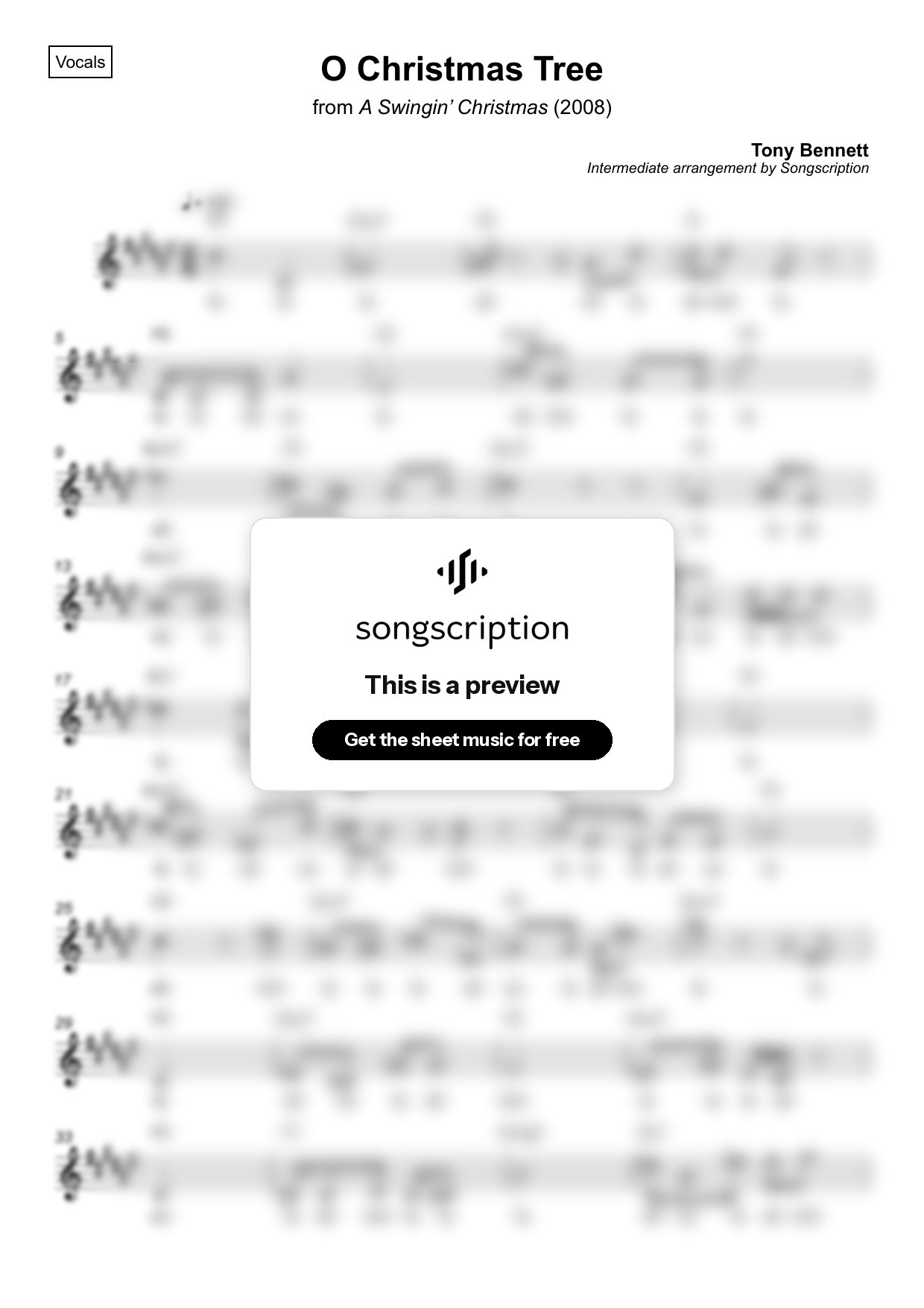 Intermediate Vocals Sheet Music for "O Christmas Tree" by Tony Bennett