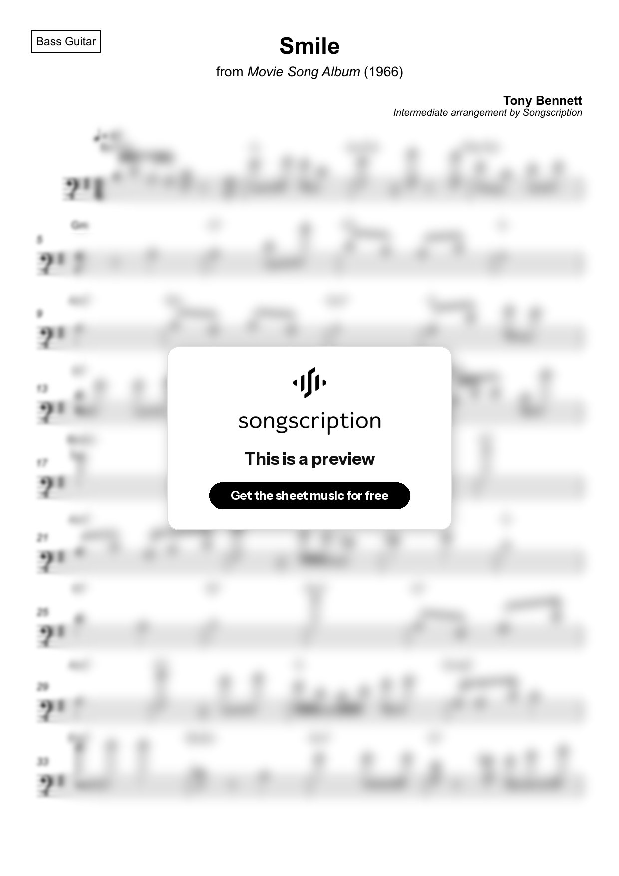 Intermediate Bass Guitar Sheet Music for "Smile" by Tony Bennett