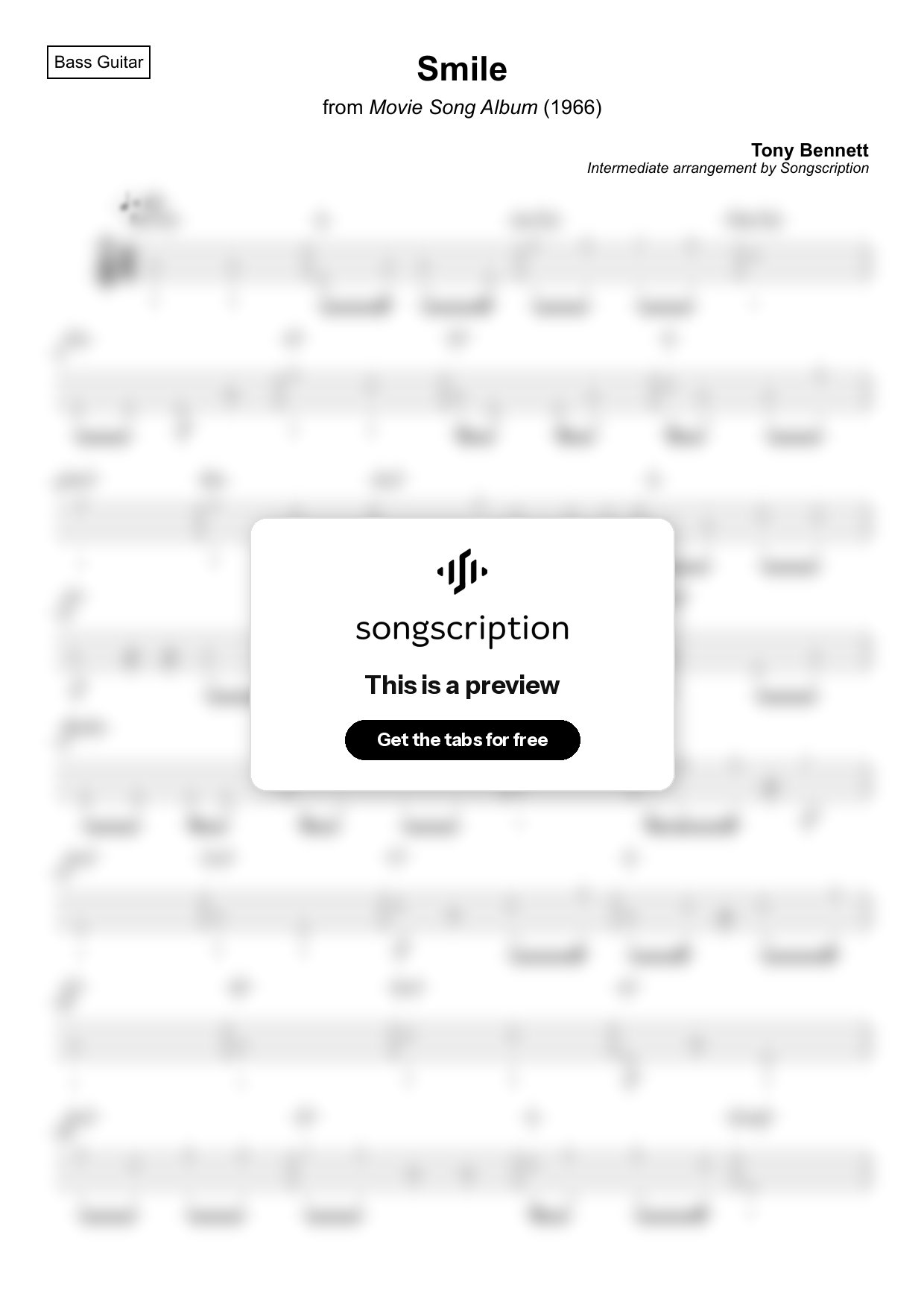 Intermediate Bass Guitar Tabs for "Smile" by Tony Bennett