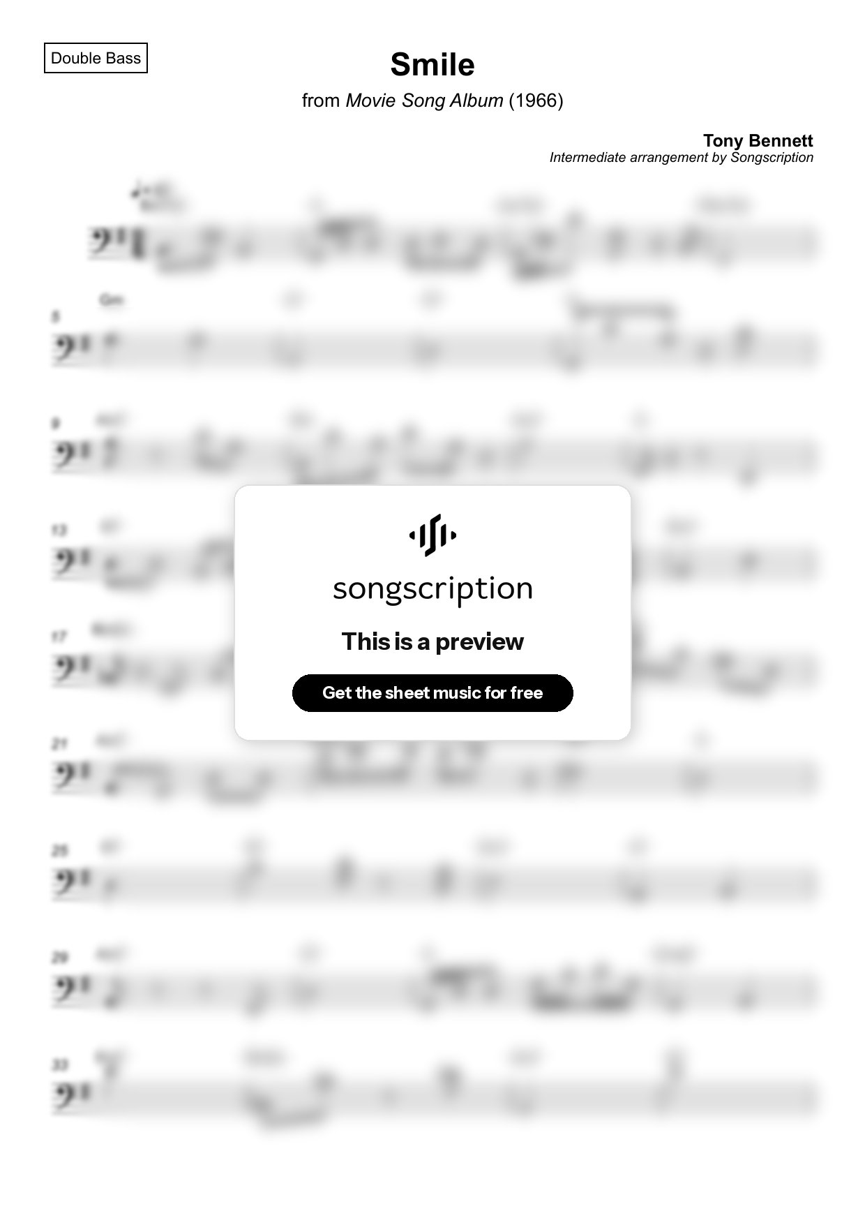 Intermediate Double Bass Sheet Music for "Smile" by Tony Bennett