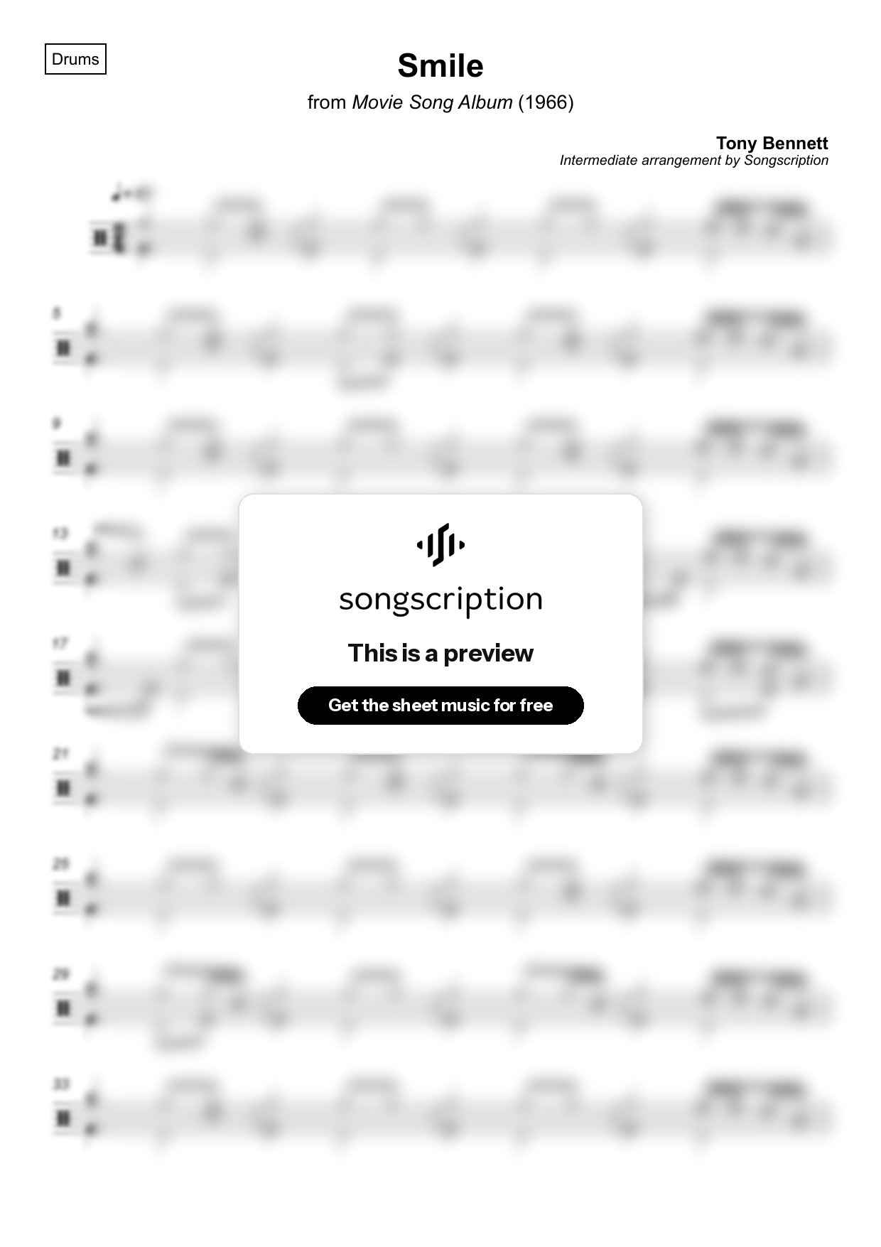Intermediate Drums Sheet Music for "Smile" by Tony Bennett