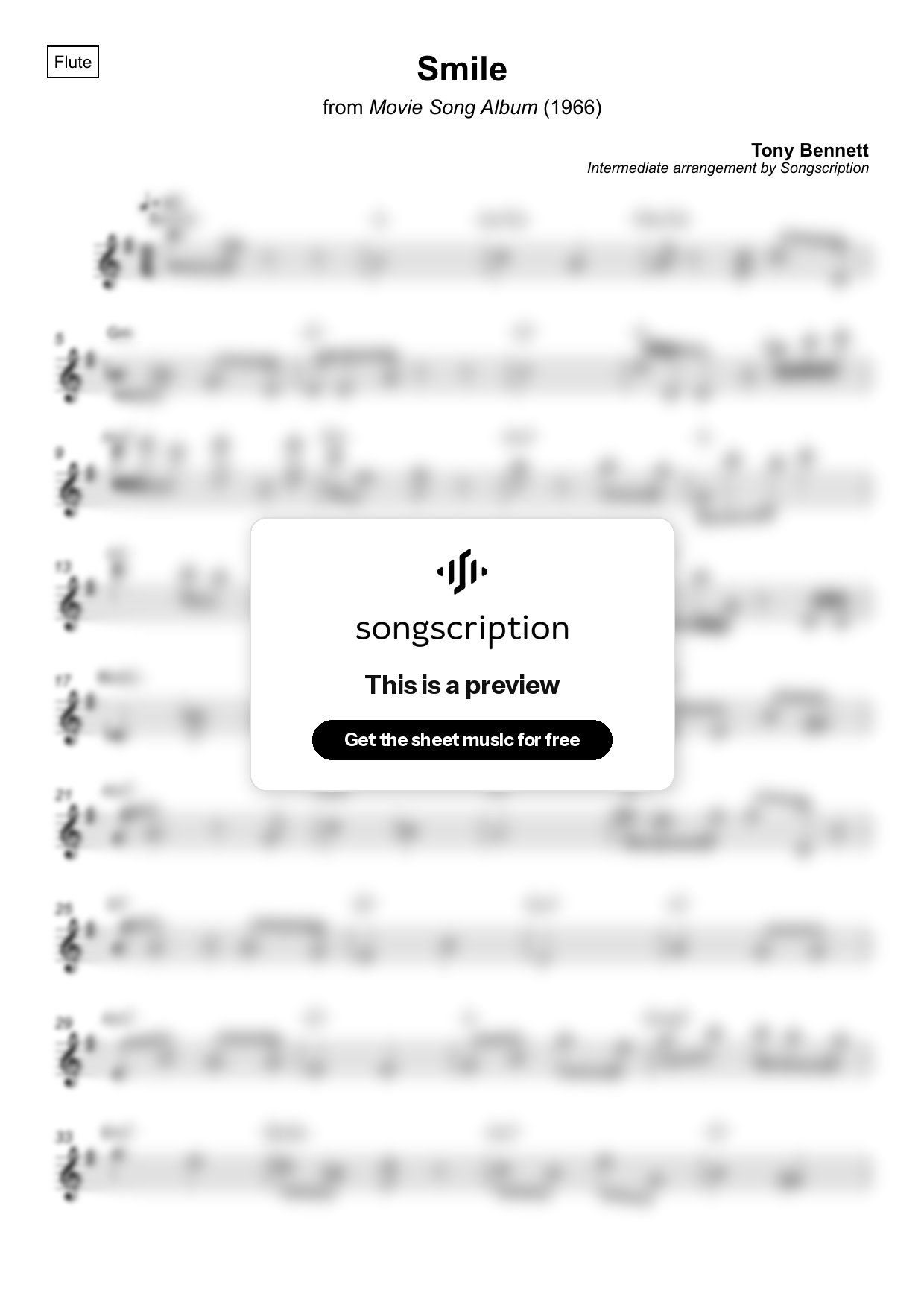 Intermediate Flute Sheet Music for "Smile" by Tony Bennett