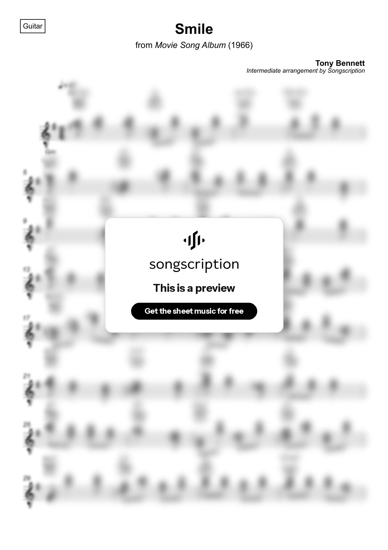 Intermediate Acoustic Guitar Sheet Music for "Smile" by Tony Bennett