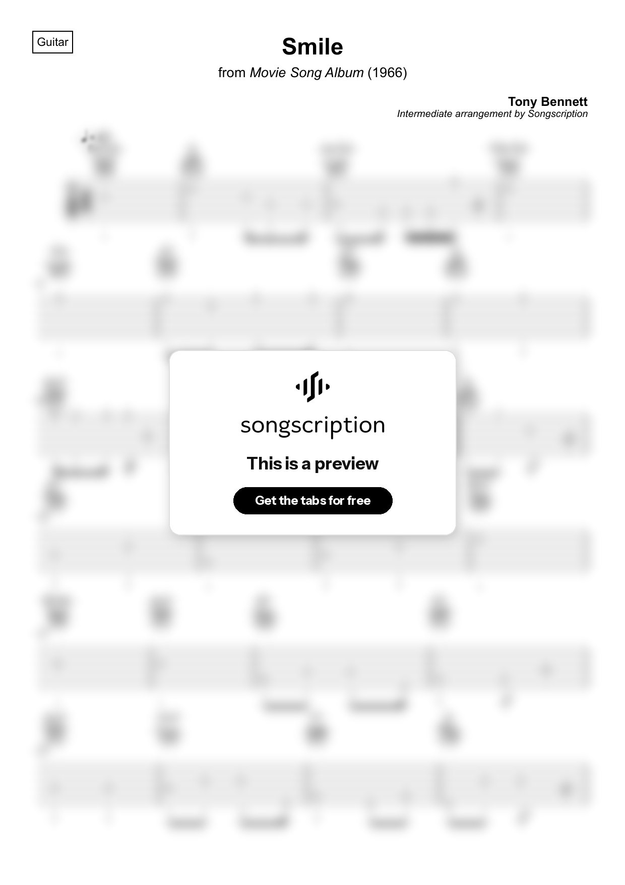 Intermediate Acoustic Guitar Tabs for "Smile" by Tony Bennett