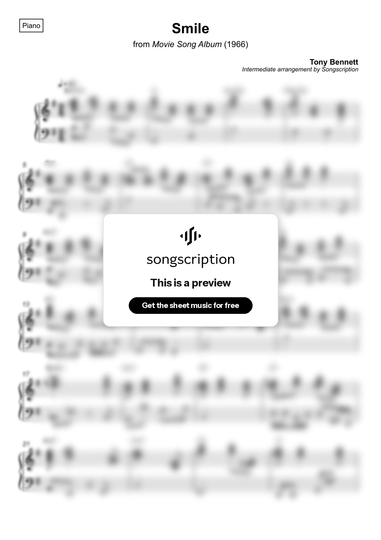 Intermediate Piano Sheet Music for "Smile" by Tony Bennett