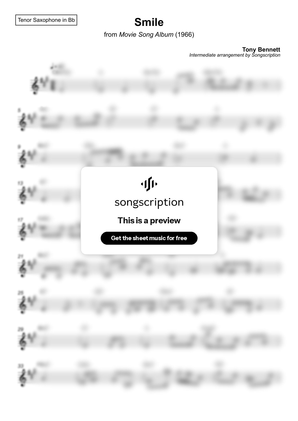 Intermediate Tenor Sax Sheet Music for "Smile" by Tony Bennett