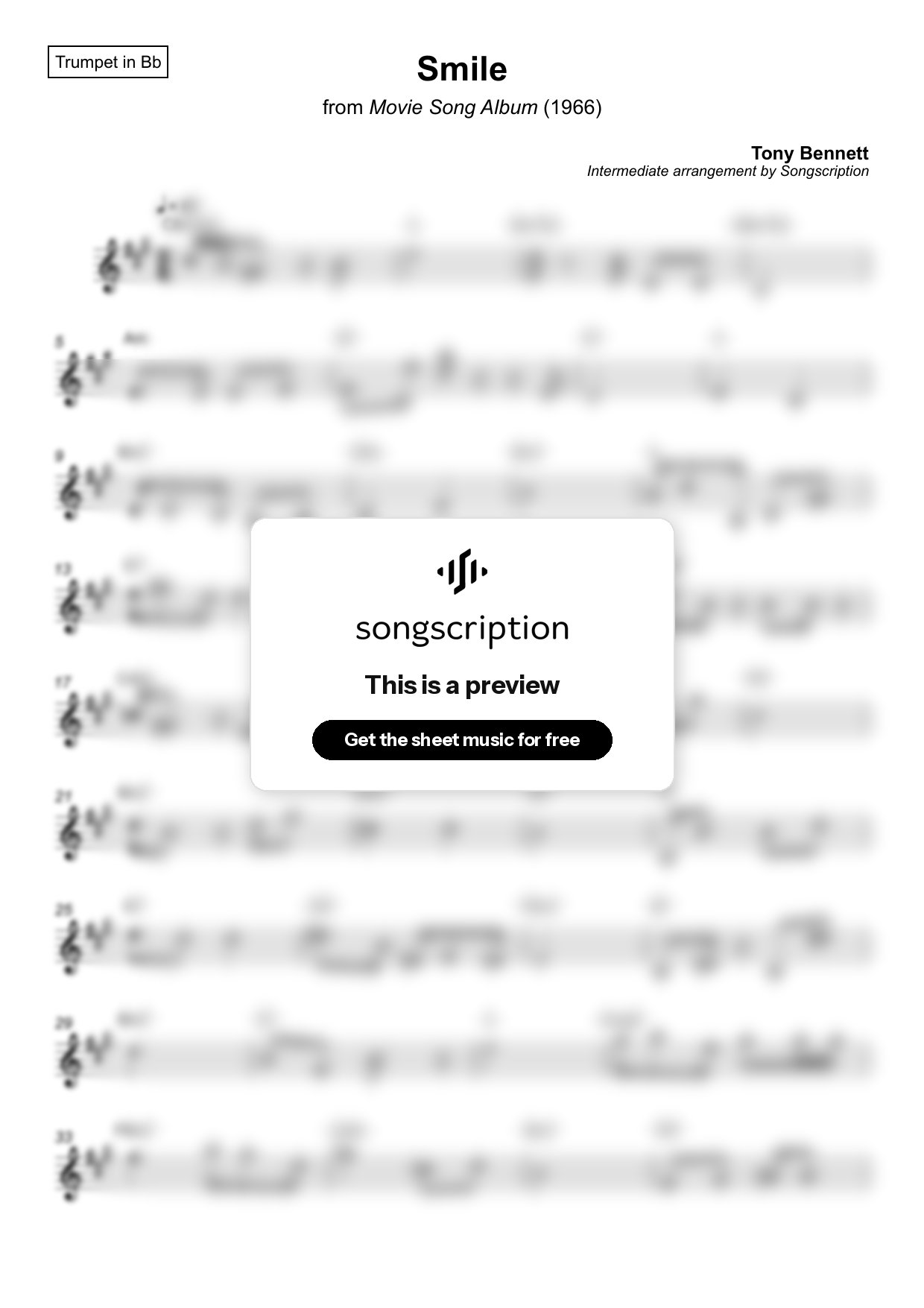 Intermediate Trumpet Sheet Music for "Smile" by Tony Bennett