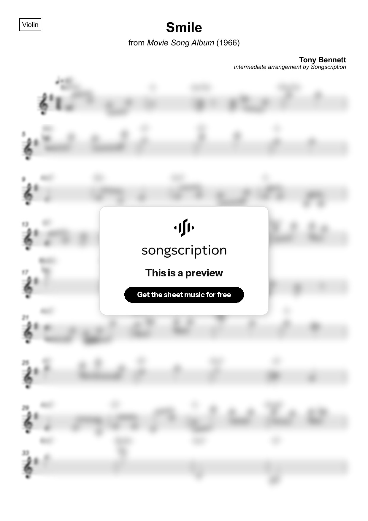 Intermediate Violin Sheet Music for "Smile" by Tony Bennett