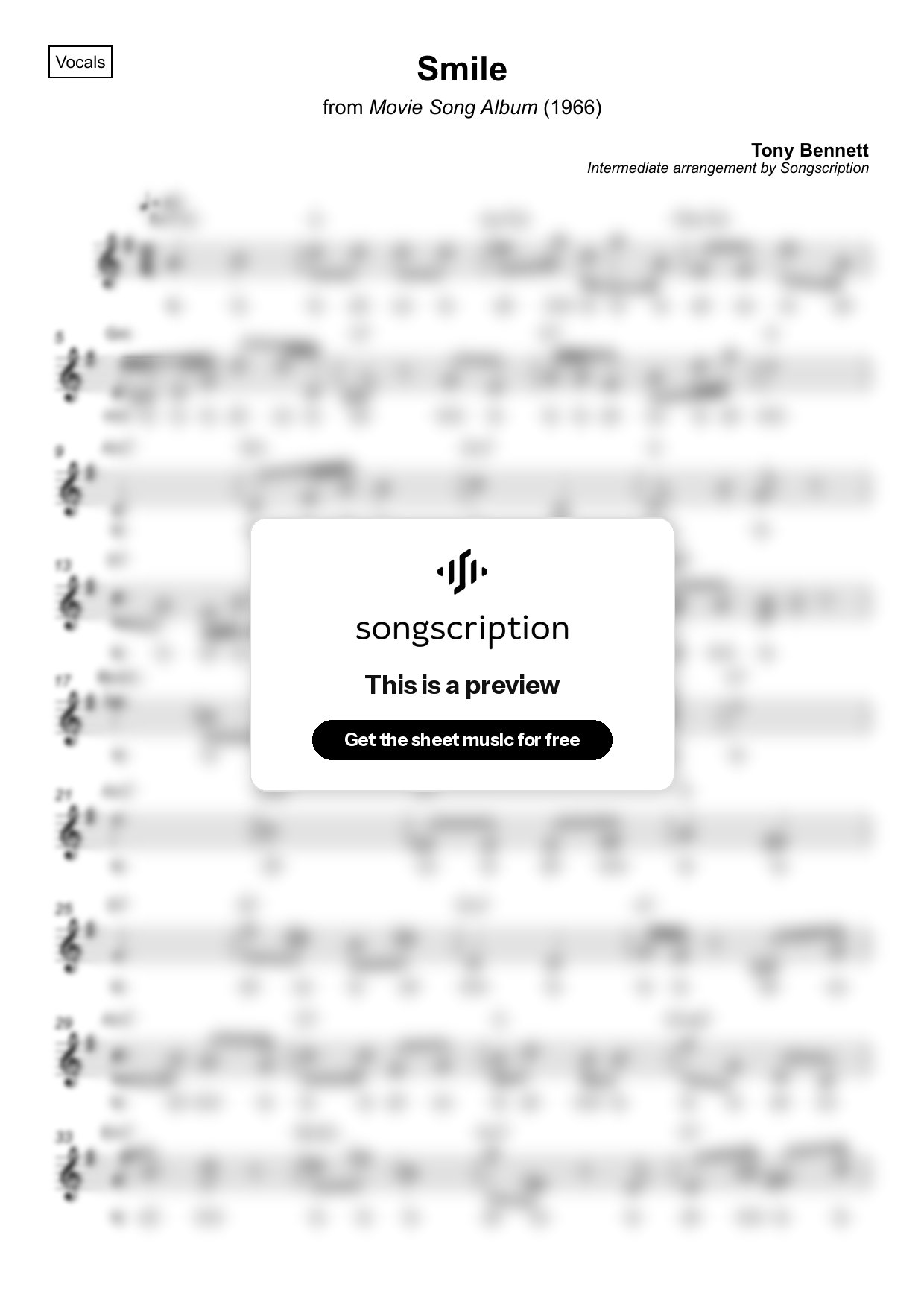 Intermediate Vocals Sheet Music for "Smile" by Tony Bennett
