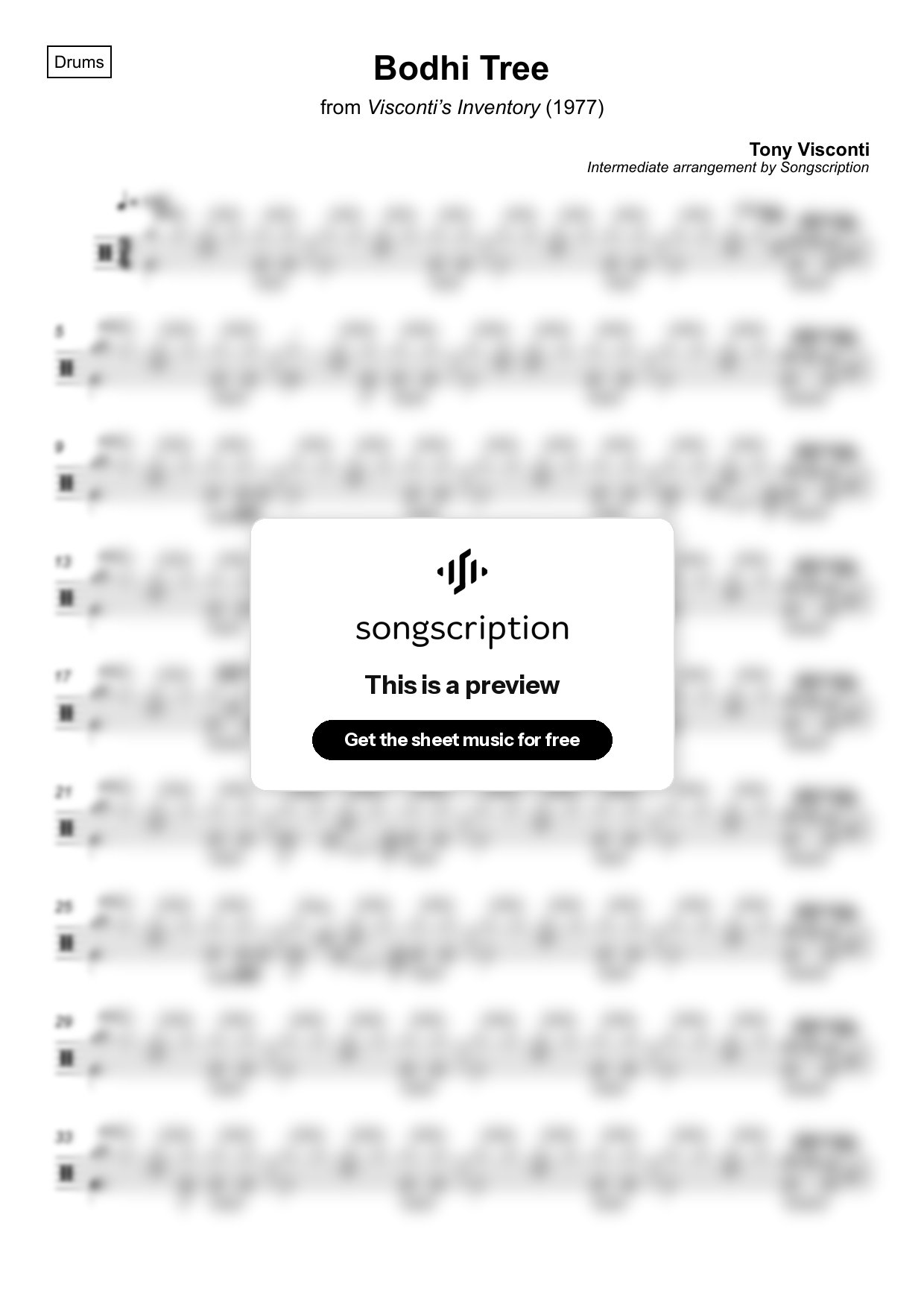 Intermediate Drums Sheet Music for "Bodhi Tree" by Tony Visconti